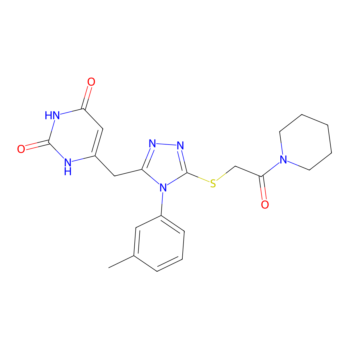 6-[[4-(3-methylphenyl)-5-(2-oxo-2-piperidin-1-ylethyl)sulfanyl-1,2,4-triazol-3-yl]methyl]-1H-pyrimidine-2,4-dione molecular structure, CAS 852047-38-2