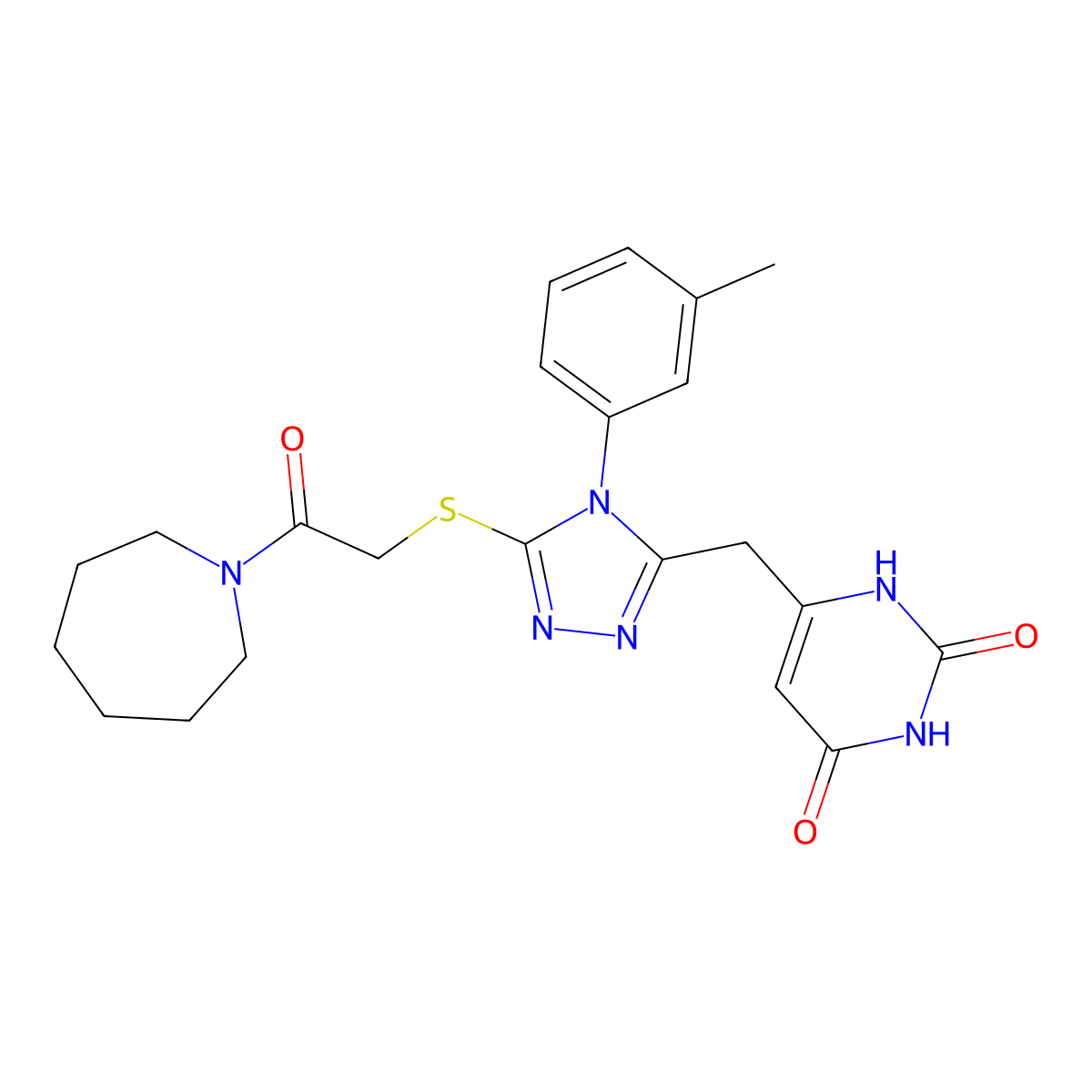 6-[[5-[2-(azepan-1-yl)-2-oxoethyl]sulfanyl-4-(3-methylphenyl)-1,2,4-triazol-3-yl]methyl]-1H-pyrimidine-2,4-dione molecular structure, CAS 852047-39-3