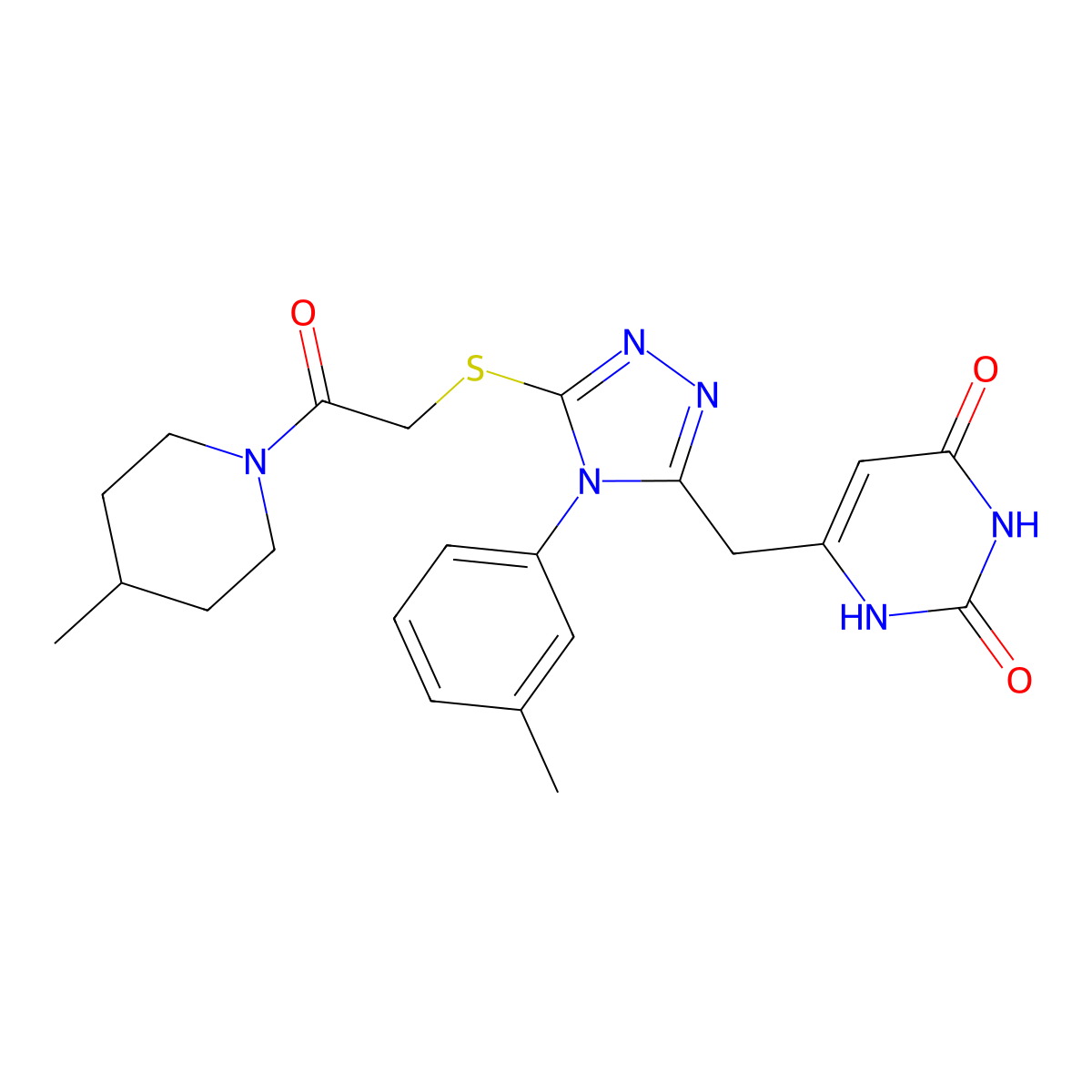 6-((5-((2-(4-methylpiperidin-1-yl)-2-oxoethyl)thio)-4-(m-tolyl)-4H-1,2,4-triazol-3-yl)methyl)pyrimidine-2,4(1H,3H)-dione molecular structure, CAS 852047-41-7