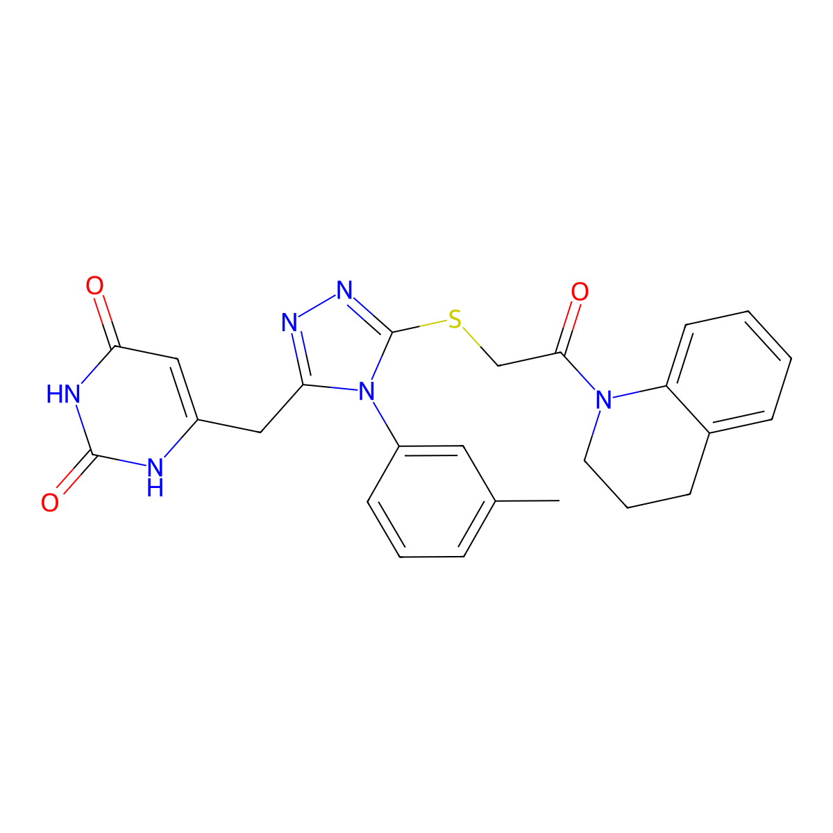6-((5-((2-(3,4-dihydroquinolin-1(2H)-yl)-2-oxoethyl)thio)-4-(m-tolyl)-4H-1,2,4-triazol-3-yl)methyl)pyrimidine-2,4(1H,3H)-dione molecular structure, CAS 852047-42-8