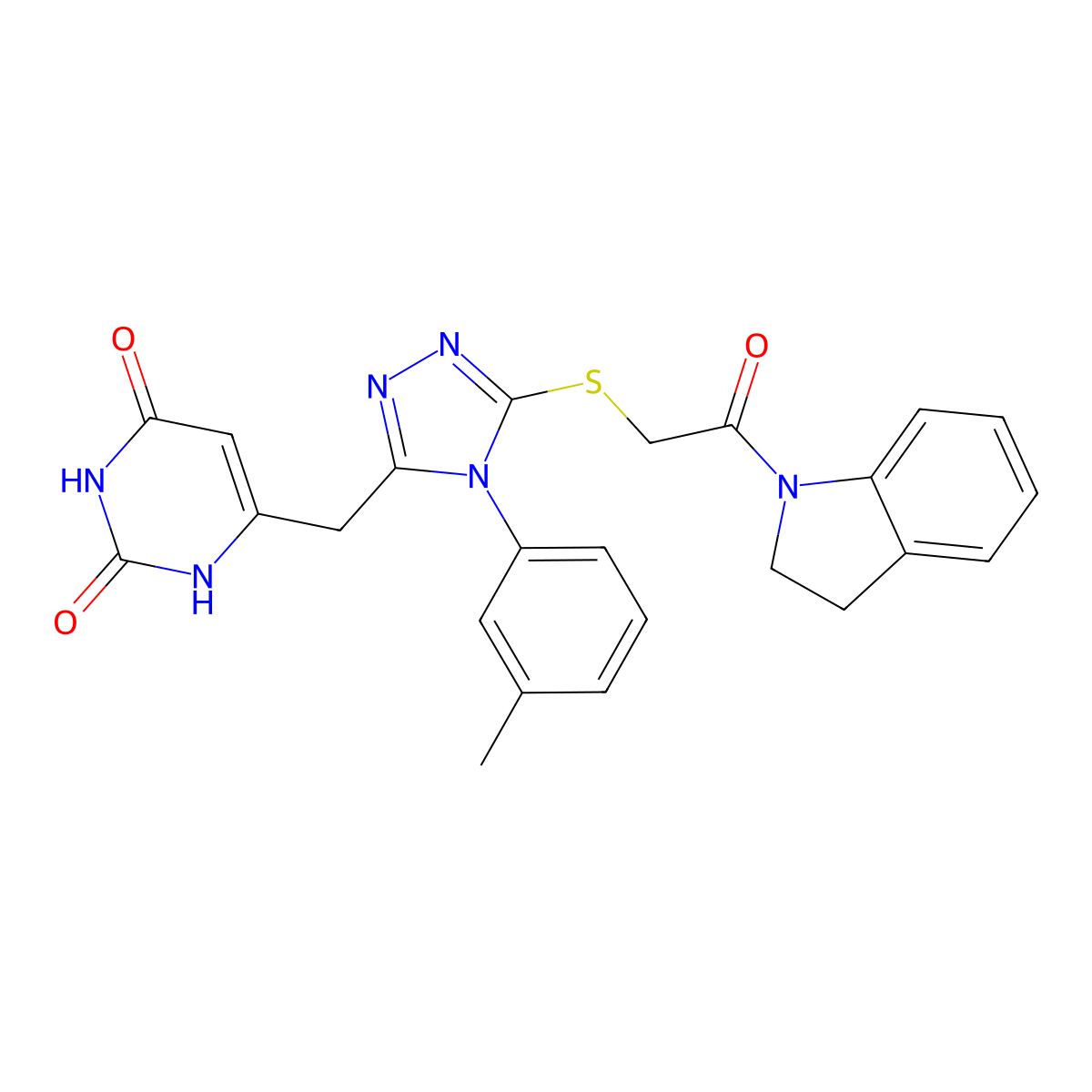 6-[[5-[2-(2,3-dihydroindol-1-yl)-2-oxoethyl]sulfanyl-4-(3-methylphenyl)-1,2,4-triazol-3-yl]methyl]-1H-pyrimidine-2,4-dione molecular structure, CAS 852047-44-0