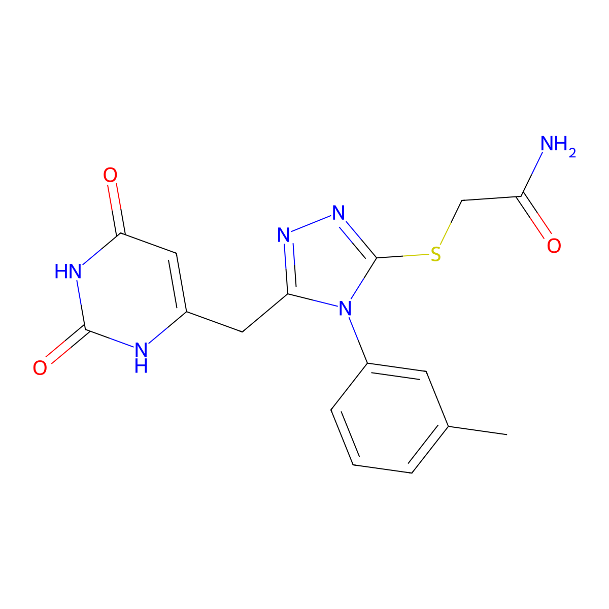 2-((5-((2,6-dioxo-1,2,3,6-tetrahydropyrimidin-4-yl)methyl)-4-(m-tolyl)-4H-1,2,4-triazol-3-yl)thio)acetamide molecular structure, CAS 852047-45-1