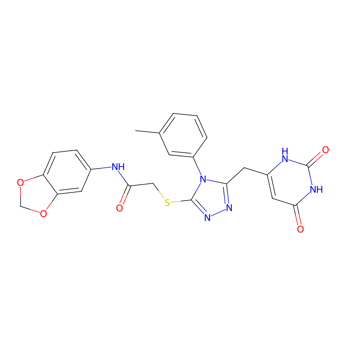 N-(benzo[d][1,3]dioxol-5-yl)-2-((5-((2,6-dioxo-1,2,3,6-tetrahydropyrimidin-4-yl)methyl)-4-(m-tolyl)-4H-1,2,4-triazol-3-yl)thio)acetamide molecular structure, CAS 852047-66-6