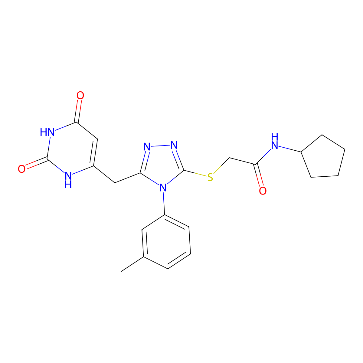 N-cyclopentyl-2-[[5-[(2,4-dioxo-1H-pyrimidin-6-yl)methyl]-4-(3-methylphenyl)-1,2,4-triazol-3-yl]sulfanyl]acetamide molecular structure, CAS 852047-69-9