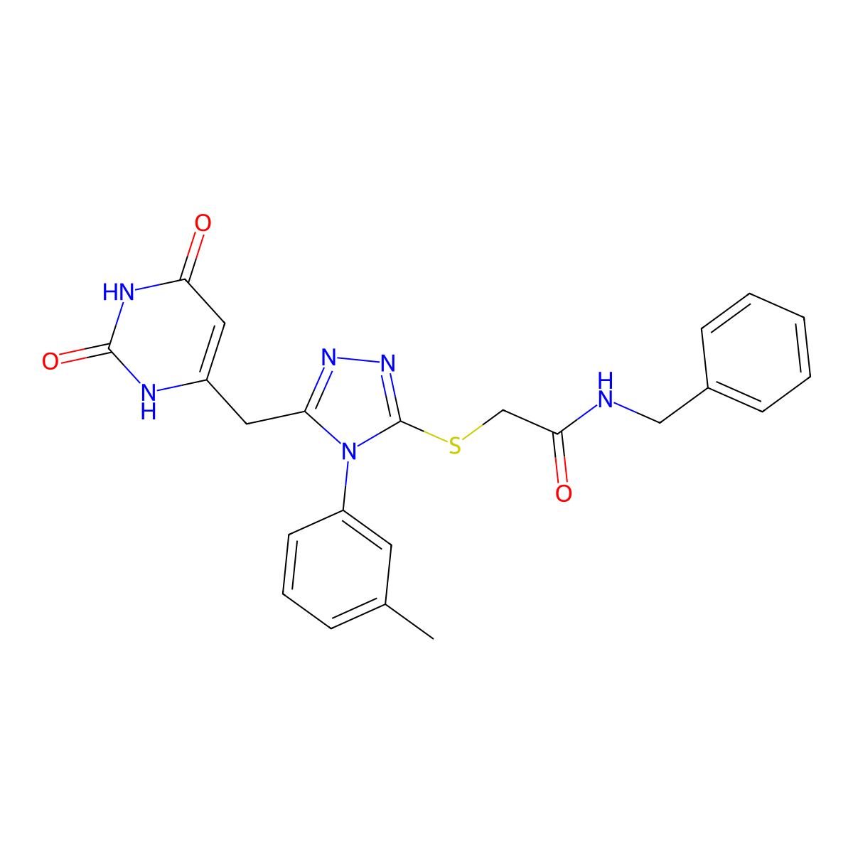 N-benzyl-2-[[5-[(2,4-dioxo-1H-pyrimidin-6-yl)methyl]-4-(3-methylphenyl)-1,2,4-triazol-3-yl]sulfanyl]acetamide molecular structure, CAS 852047-71-3