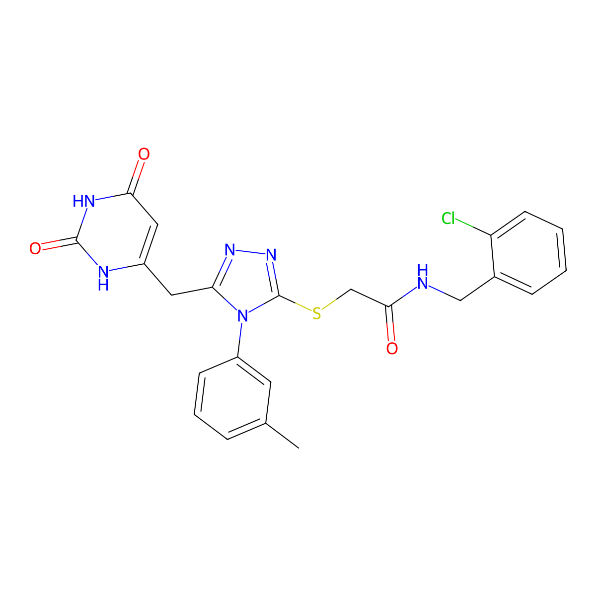 N-[(2-chlorophenyl)methyl]-2-[[5-[(2,4-dioxo-1H-pyrimidin-6-yl)methyl]-4-(3-methylphenyl)-1,2,4-triazol-3-yl]sulfanyl]acetamide molecular structure, CAS 852047-73-5