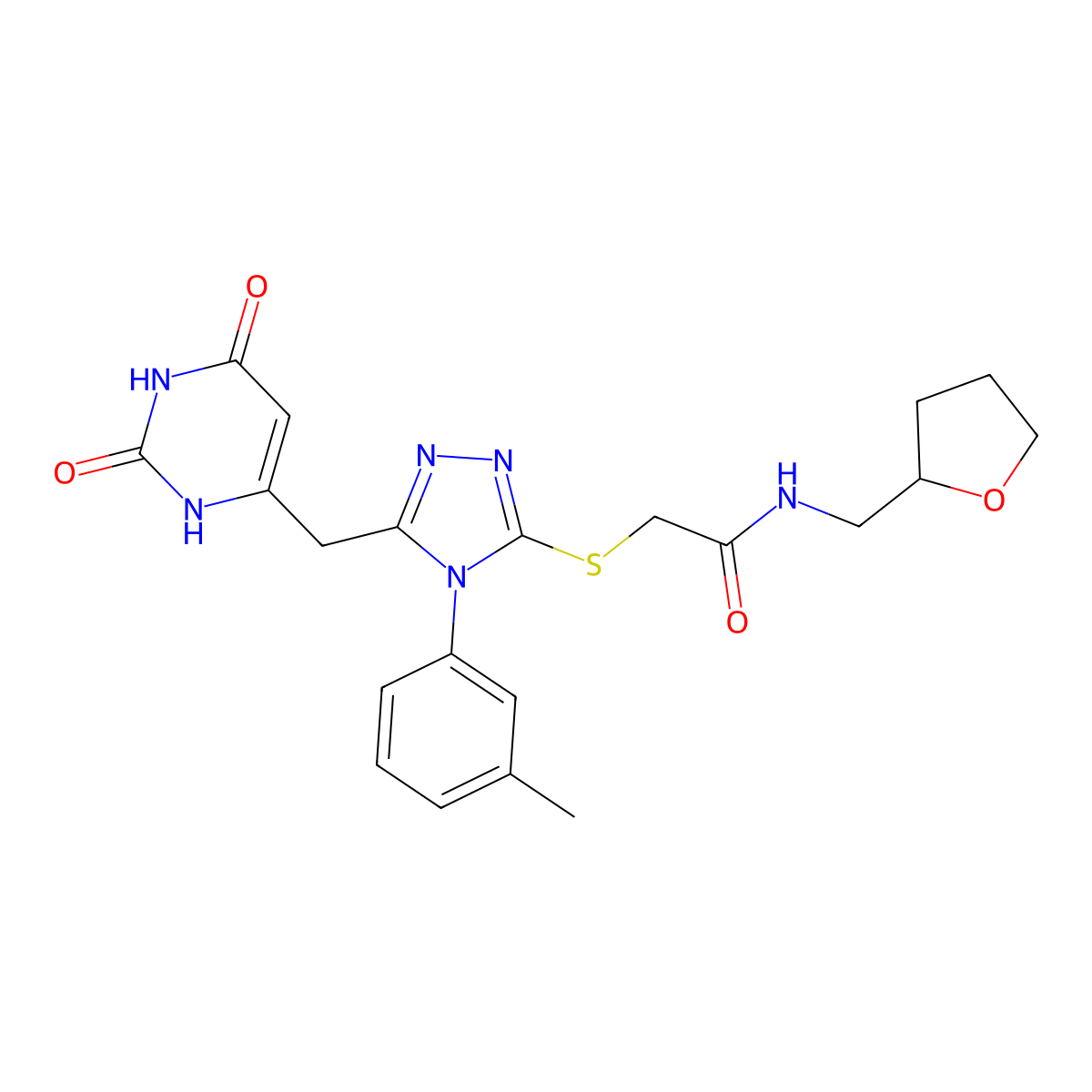 2-((5-((2,6-dioxo-1,2,3,6-tetrahydropyrimidin-4-yl)methyl)-4-(m-tolyl)-4H-1,2,4-triazol-3-yl)thio)-N-((tetrahydrofuran-2-yl)methyl)acetamide molecular structure, CAS 852047-75-7