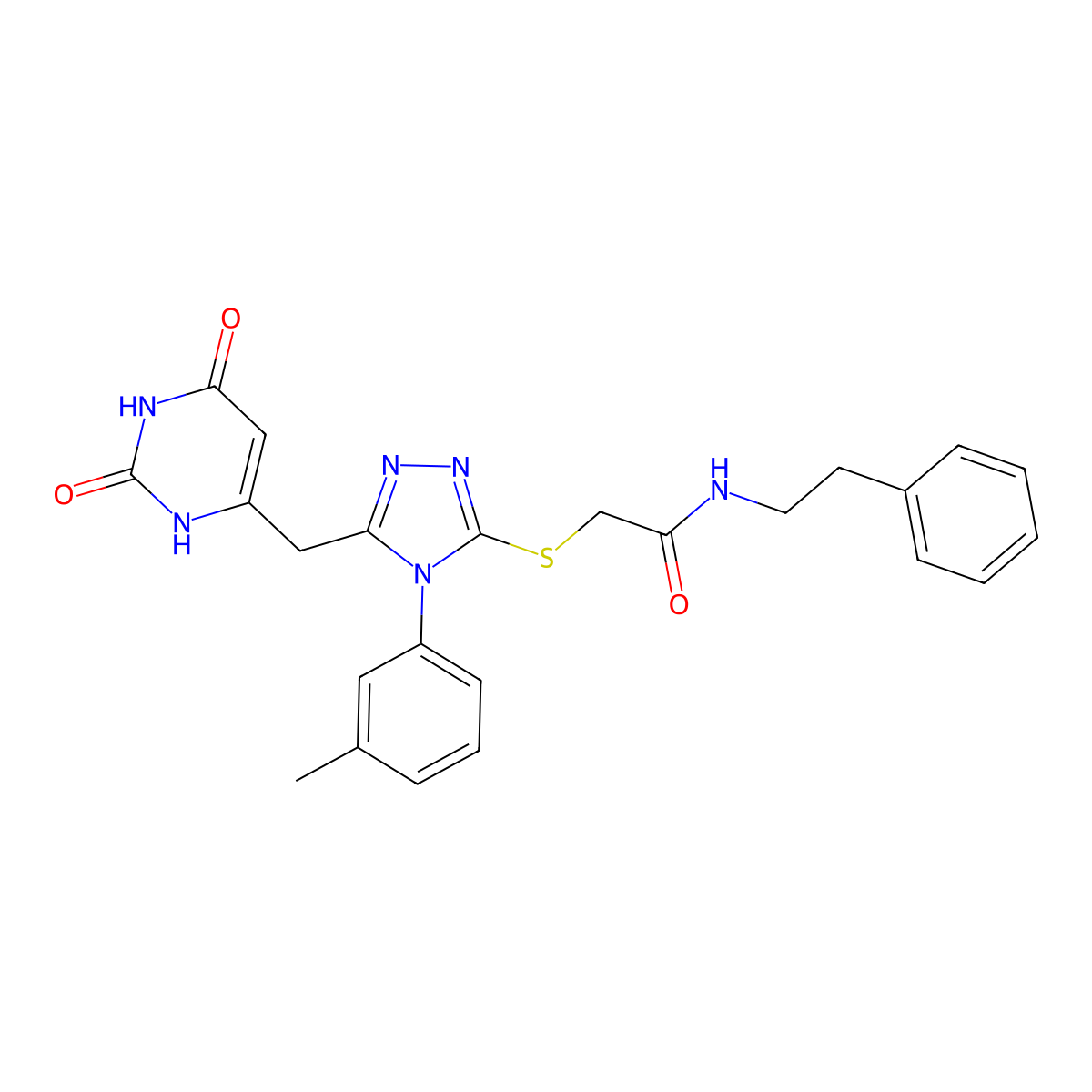 2-((5-((2,6-dioxo-1,2,3,6-tetrahydropyrimidin-4-yl)methyl)-4-(m-tolyl)-4H-1,2,4-triazol-3-yl)thio)-N-phenethylacetamide molecular structure, CAS 852047-77-9