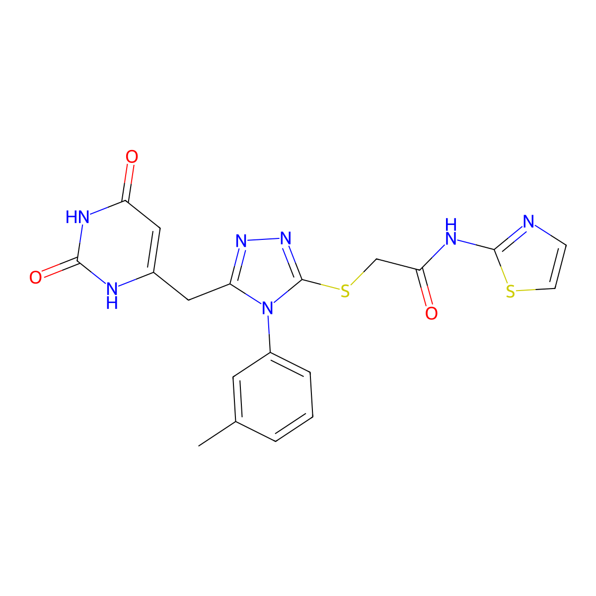 2-[[5-[(2,4-dioxo-1H-pyrimidin-6-yl)methyl]-4-(3-methylphenyl)-1,2,4-triazol-3-yl]sulfanyl]-N-(1,3-thiazol-2-yl)acetamide molecular structure, CAS 852047-78-0
