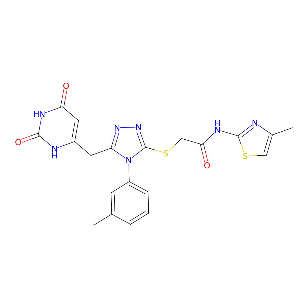 2-((5-((2,6-dioxo-1,2,3,6-tetrahydropyrimidin-4-yl)methyl)-4-(m-tolyl)-4H-1,2,4-triazol-3-yl)thio)-N-(4-methylthiazol-2-yl)acetamide molecular structure, CAS 852047-79-1