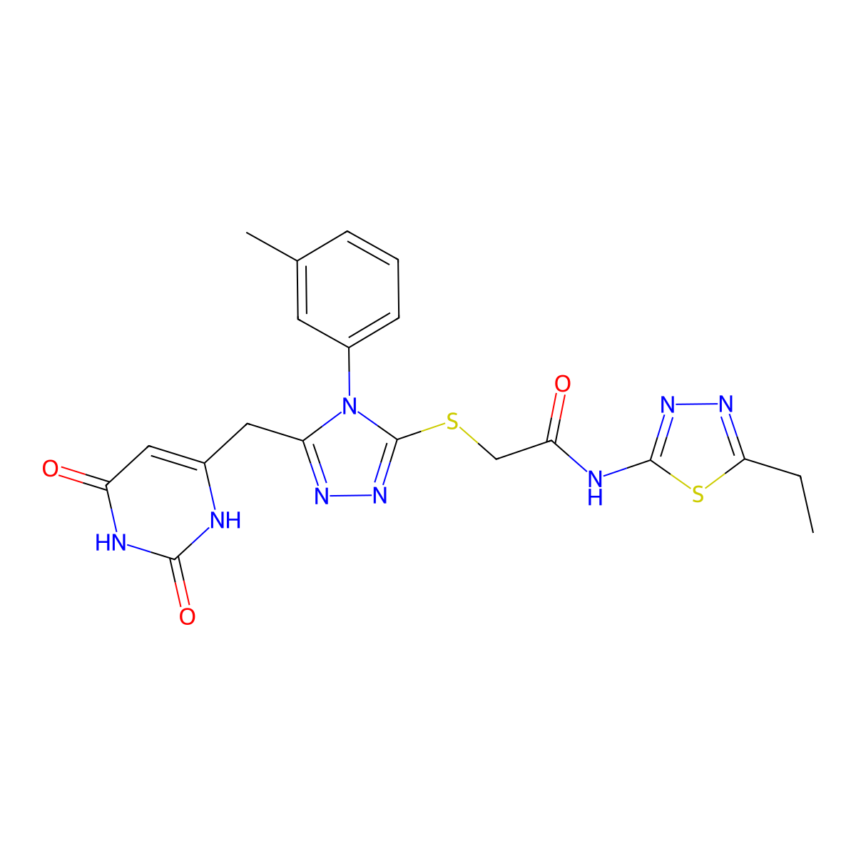 2-((5-((2,6-dioxo-1,2,3,6-tetrahydropyrimidin-4-yl)methyl)-4-(m-tolyl)-4H-1,2,4-triazol-3-yl)thio)-N-(5-ethyl-1,3,4-thiadiazol-2-yl)acetamide molecular structure, CAS 852047-81-5