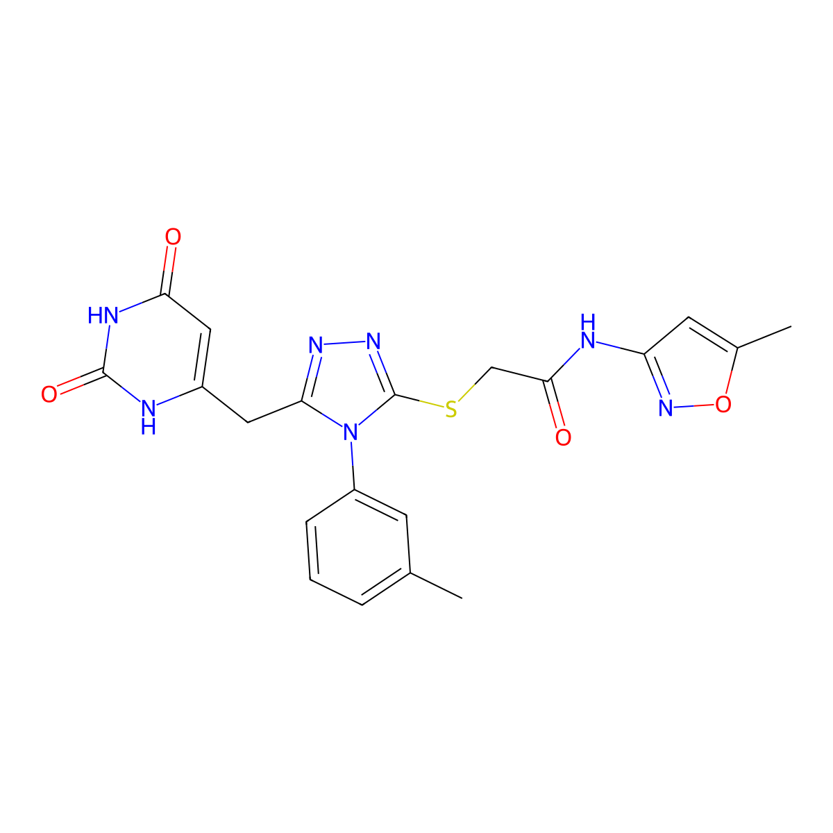 2-((5-((2,6-dioxo-1,2,3,6-tetrahydropyrimidin-4-yl)methyl)-4-(m-tolyl)-4H-1,2,4-triazol-3-yl)thio)-N-(5-methylisoxazol-3-yl)acetamide molecular structure, CAS 852047-82-6