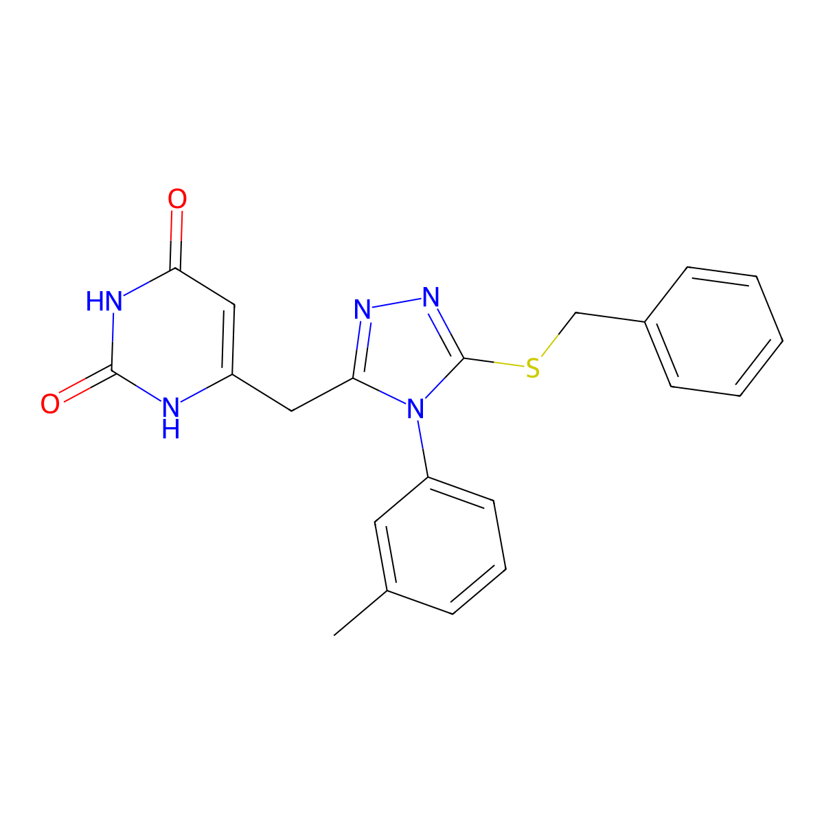 6-((5-(benzylthio)-4-(m-tolyl)-4H-1,2,4-triazol-3-yl)methyl)pyrimidine-2,4(1H,3H)-dione molecular structure, CAS 852047-83-7