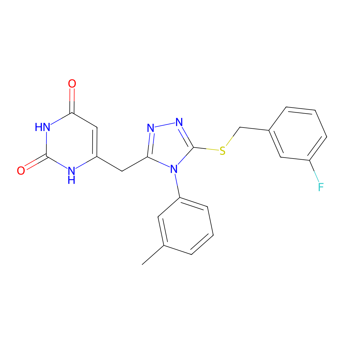 6-[[5-[(3-fluorophenyl)methylsulfanyl]-4-(3-methylphenyl)-1,2,4-triazol-3-yl]methyl]-1H-pyrimidine-2,4-dione molecular structure, CAS 852047-84-8