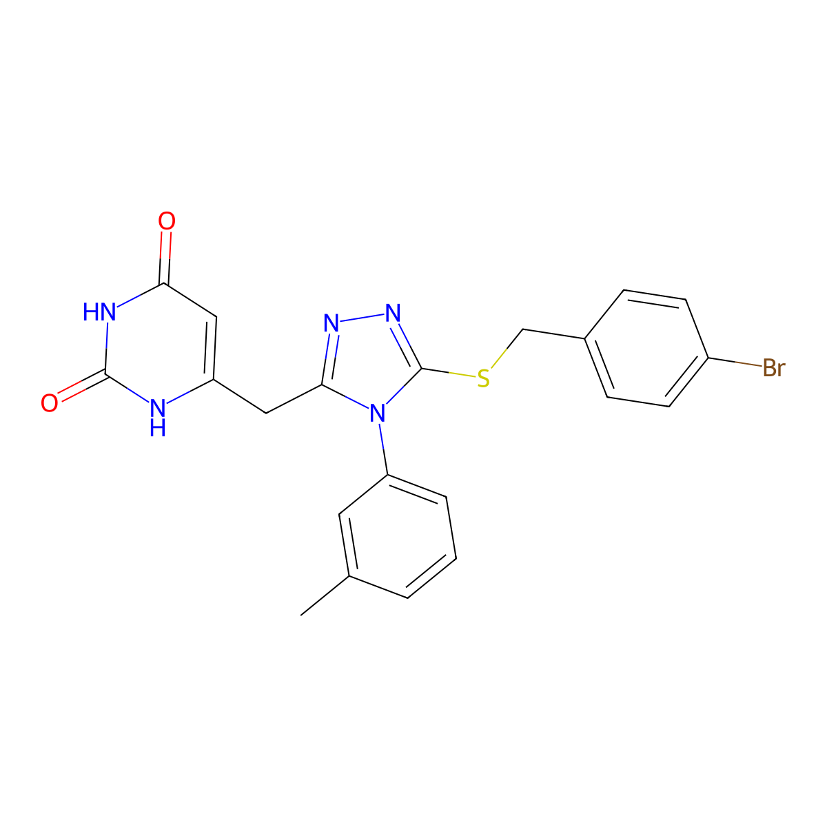 6-[[5-[(4-bromophenyl)methylsulfanyl]-4-(3-methylphenyl)-1,2,4-triazol-3-yl]methyl]-1H-pyrimidine-2,4-dione molecular structure, CAS 852047-86-0