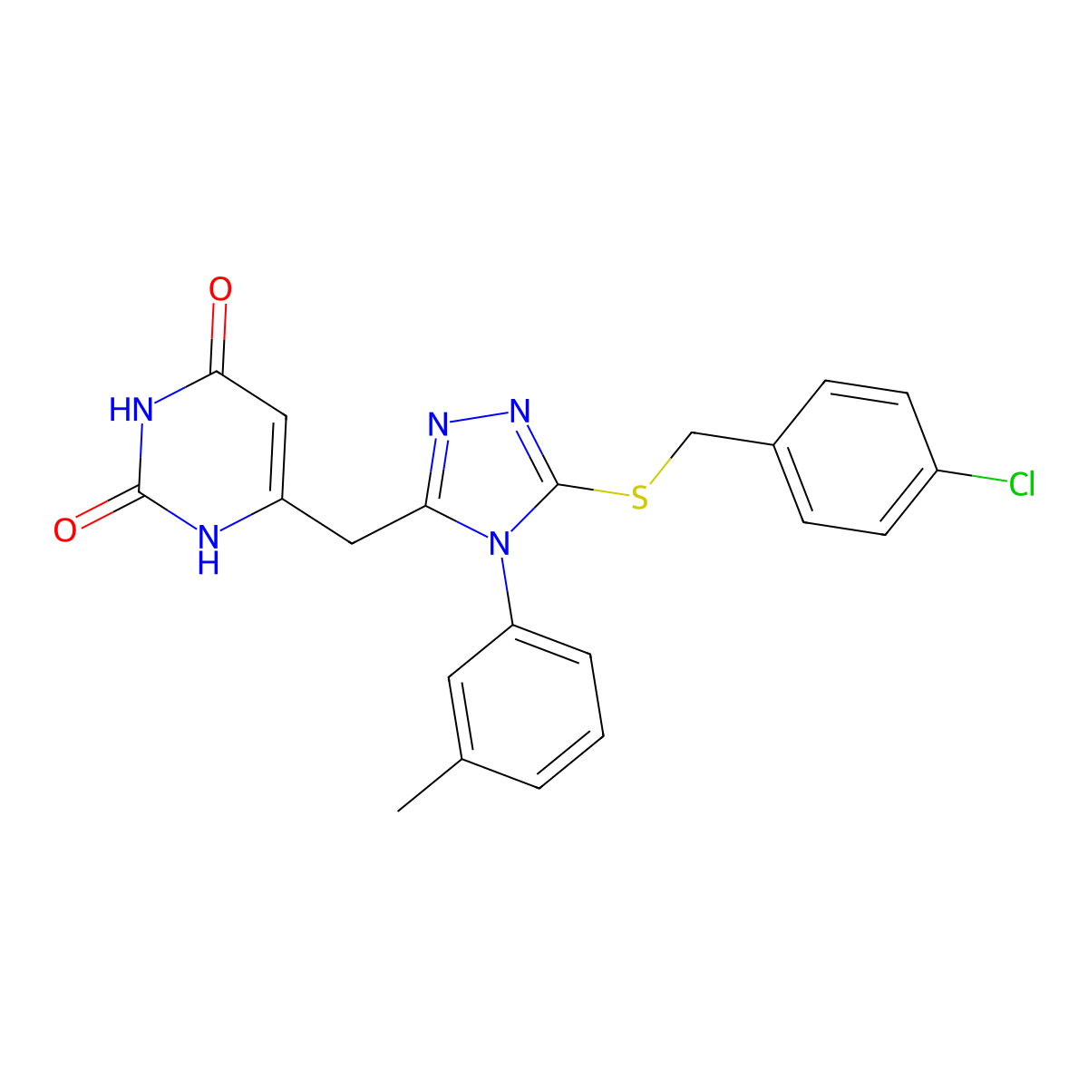 6-((5-((4-chlorobenzyl)thio)-4-(m-tolyl)-4H-1,2,4-triazol-3-yl)methyl)pyrimidine-2,4(1H,3H)-dione molecular structure, CAS 852047-88-2