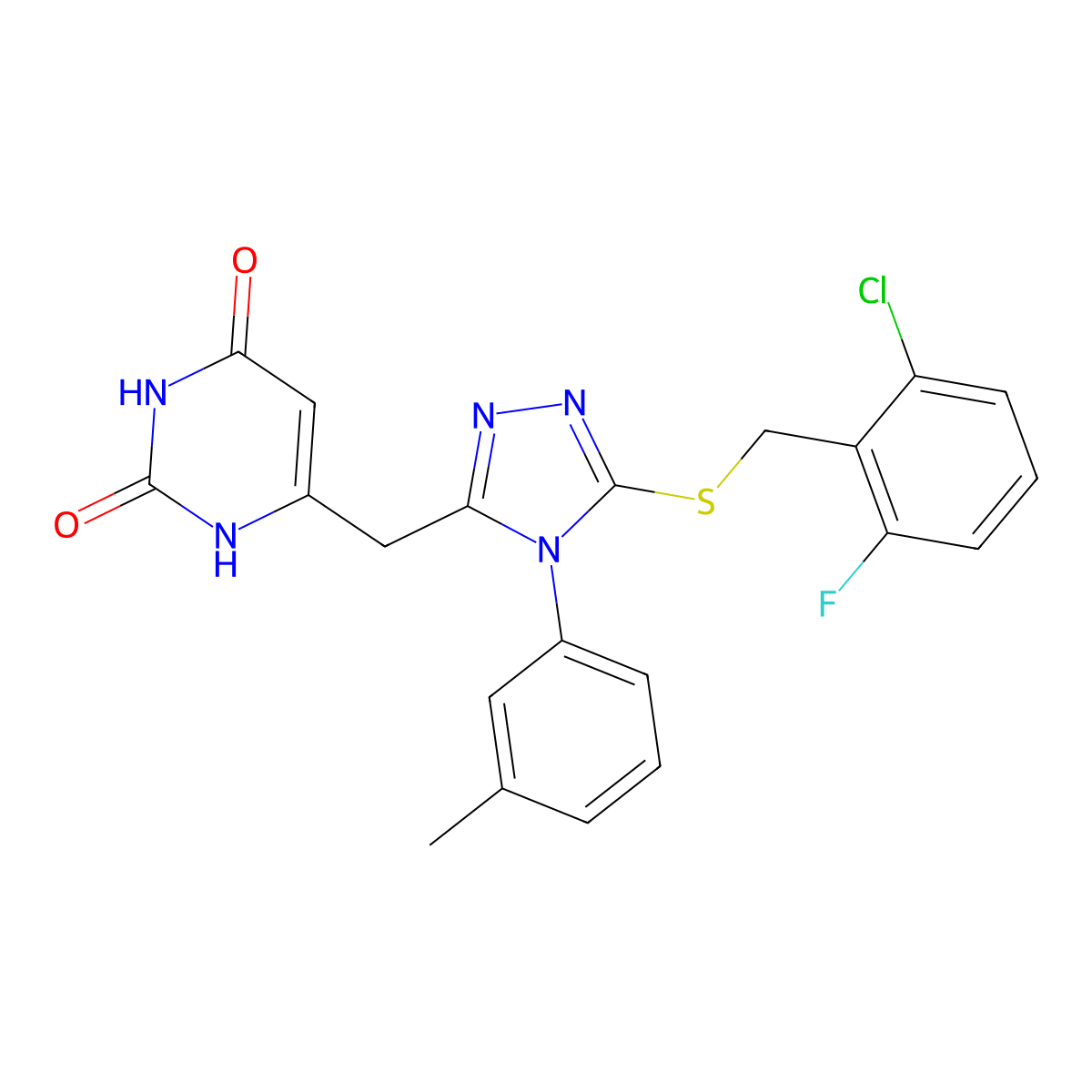 6-[[5-[(2-chloro-6-fluorophenyl)methylsulfanyl]-4-(3-methylphenyl)-1,2,4-triazol-3-yl]methyl]-1H-pyrimidine-2,4-dione molecular structure, CAS 852047-90-6