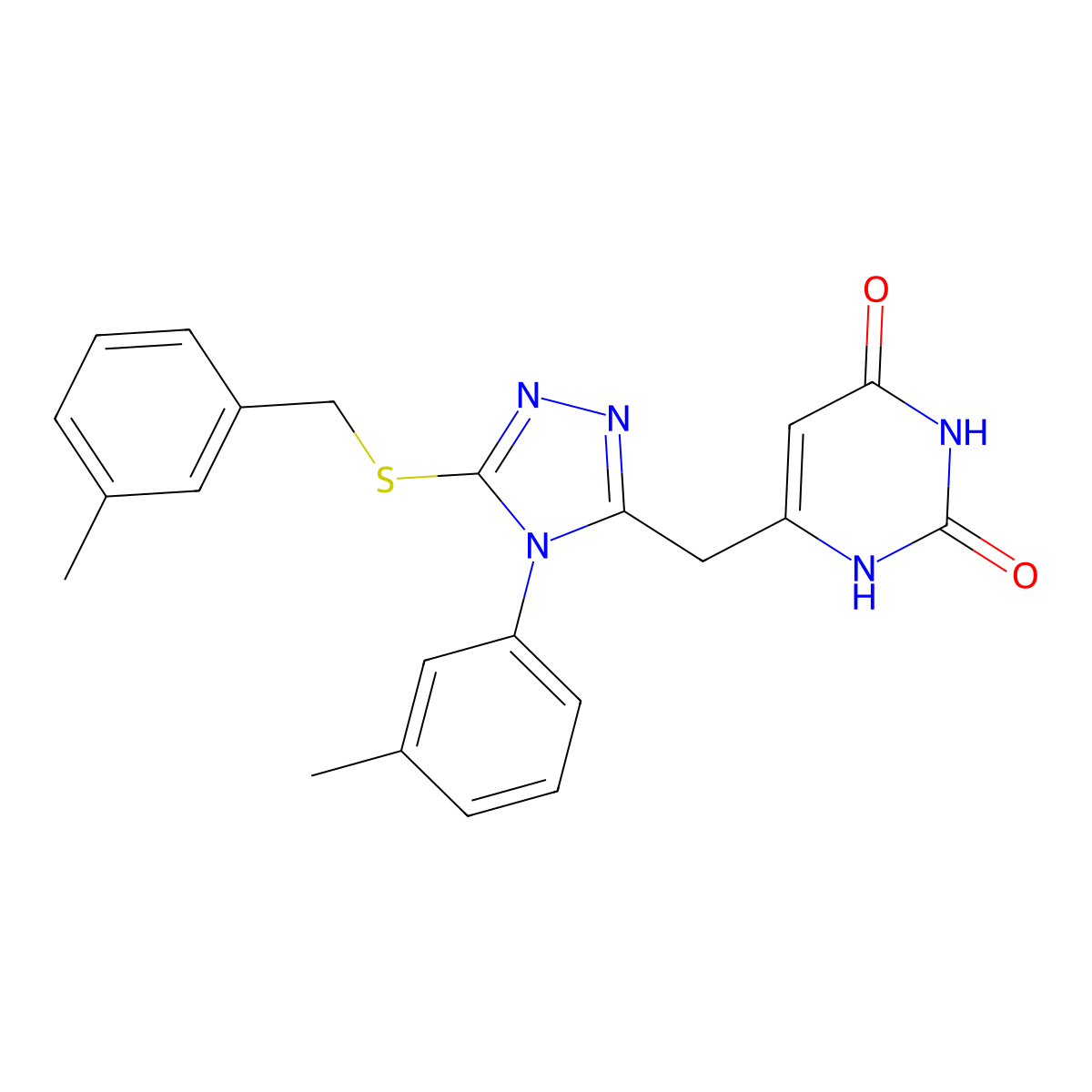 6-((5-((3-methylbenzyl)thio)-4-(m-tolyl)-4H-1,2,4-triazol-3-yl)methyl)pyrimidine-2,4(1H,3H)-dione molecular structure, CAS 852047-91-7