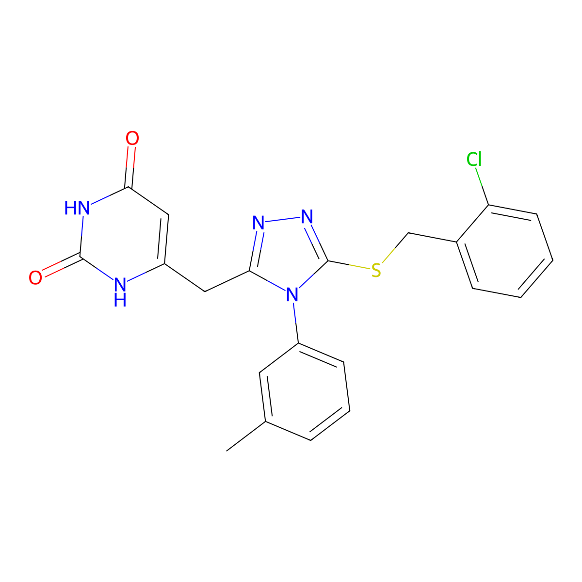 6-[[5-[(2-chlorophenyl)methylsulfanyl]-4-(3-methylphenyl)-1,2,4-triazol-3-yl]methyl]-1H-pyrimidine-2,4-dione molecular structure, CAS 852047-92-8