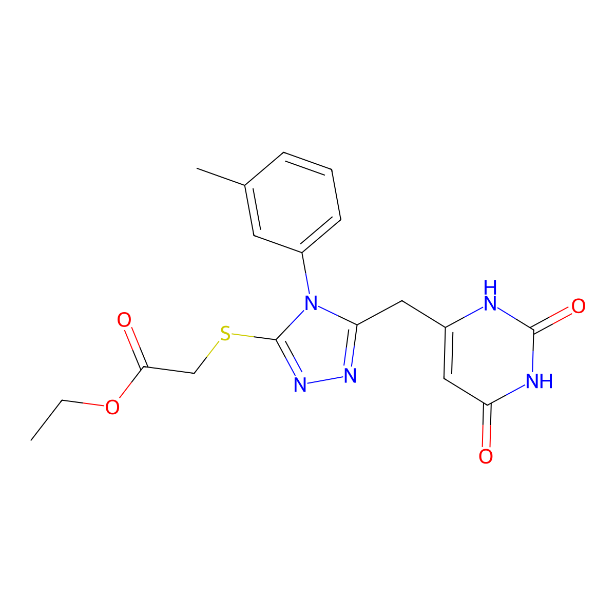 ethyl 2-((5-((2,6-dioxo-1,2,3,6-tetrahydropyrimidin-4-yl)methyl)-4-(m-tolyl)-4H-1,2,4-triazol-3-yl)thio)acetate molecular structure, CAS 852048-00-1