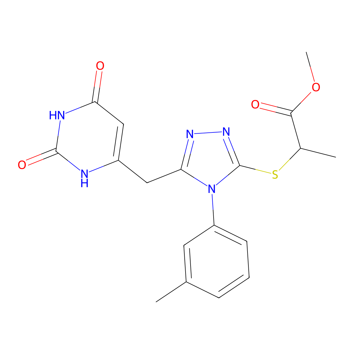 methyl 2-[[5-[(2,4-dioxo-1H-pyrimidin-6-yl)methyl]-4-(3-methylphenyl)-1,2,4-triazol-3-yl]sulfanyl]propanoate molecular structure, CAS 852048-02-3