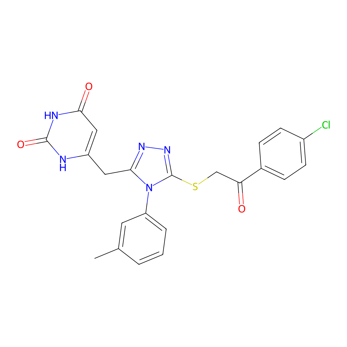6-[[5-[2-(4-chlorophenyl)-2-oxoethyl]sulfanyl-4-(3-methylphenyl)-1,2,4-triazol-3-yl]methyl]-1H-pyrimidine-2,4-dione molecular structure, CAS 852048-04-5