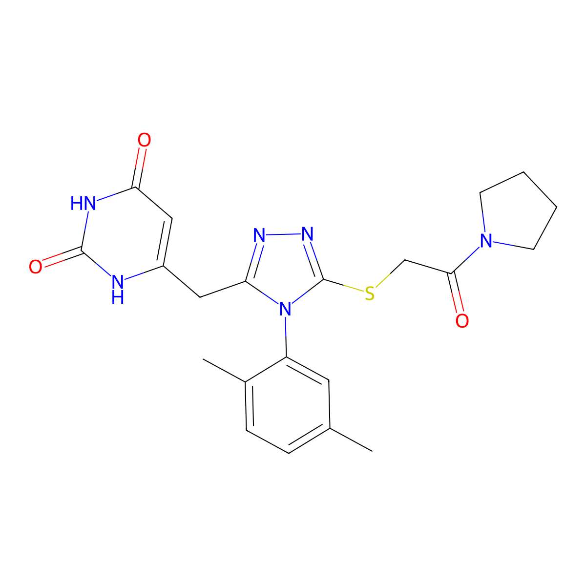 6-((4-(2,5-dimethylphenyl)-5-((2-oxo-2-(pyrrolidin-1-yl)ethyl)thio)-4H-1,2,4-triazol-3-yl)methyl)pyrimidine-2,4(1H,3H)-dione molecular structure, CAS 852048-12-5