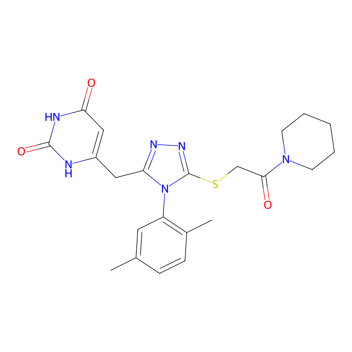 6-((4-(2,5-dimethylphenyl)-5-((2-oxo-2-(piperidin-1-yl)ethyl)thio)-4H-1,2,4-triazol-3-yl)methyl)pyrimidine-2,4(1H,3H)-dione molecular structure, CAS 852048-13-6