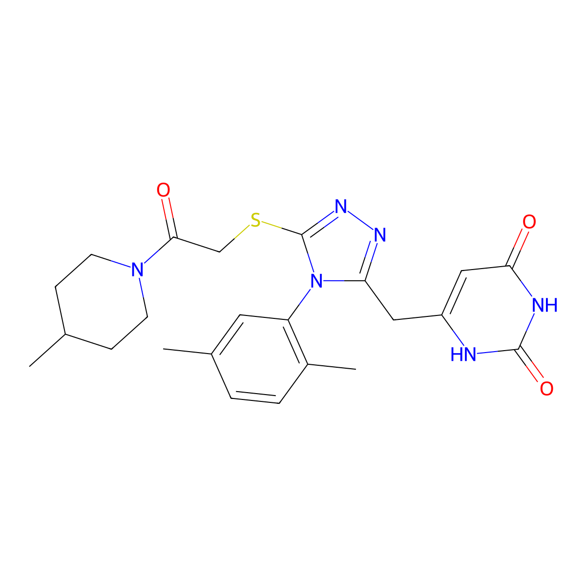 6-((4-(2,5-dimethylphenyl)-5-((2-(4-methylpiperidin-1-yl)-2-oxoethyl)thio)-4H-1,2,4-triazol-3-yl)methyl)pyrimidine-2,4(1H,3H)-dione molecular structure, CAS 852048-17-0