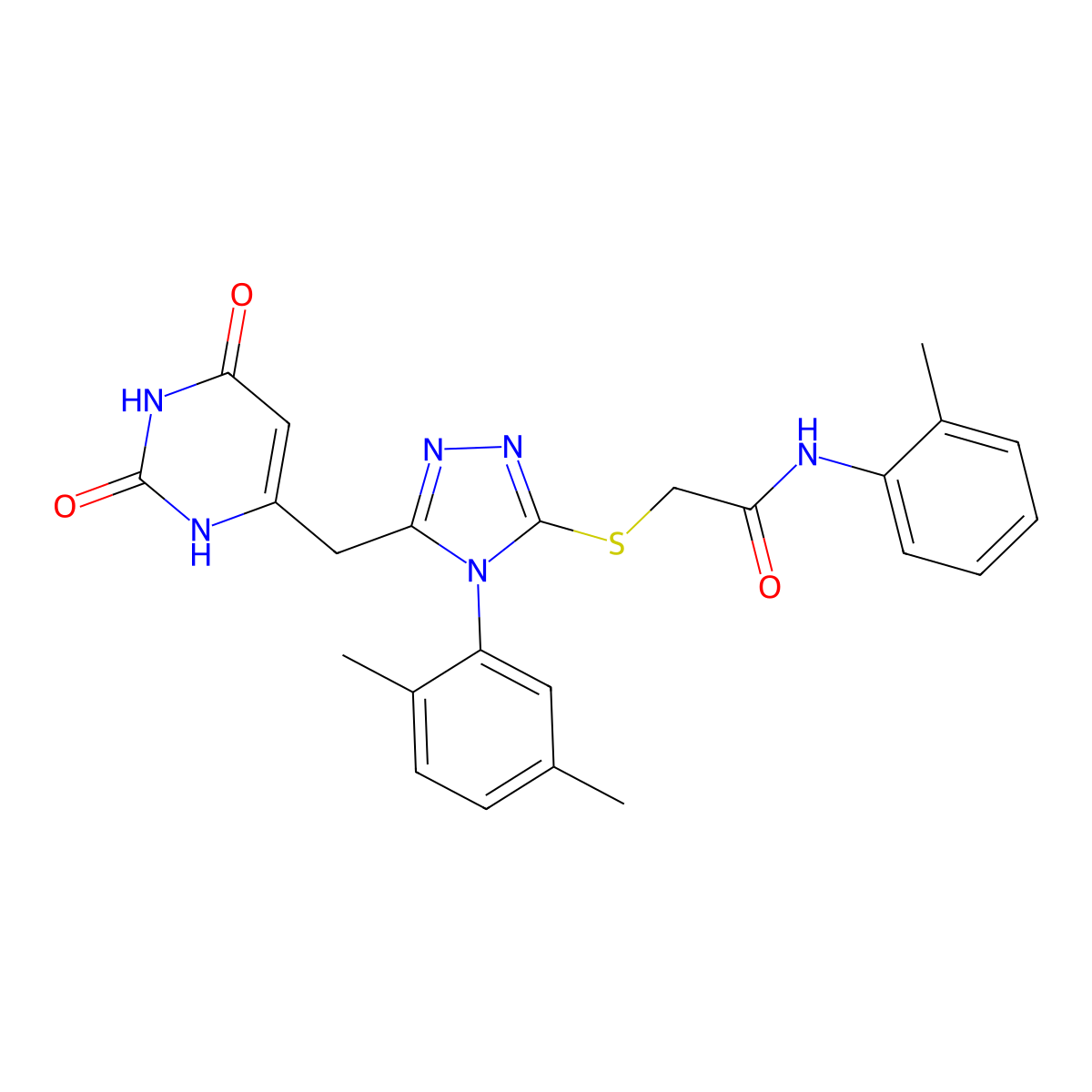 2-((4-(2,5-dimethylphenyl)-5-((2,6-dioxo-1,2,3,6-tetrahydropyrimidin-4-yl)methyl)-4H-1,2,4-triazol-3-yl)thio)-N-(o-tolyl)acetamide molecular structure, CAS 852048-20-5
