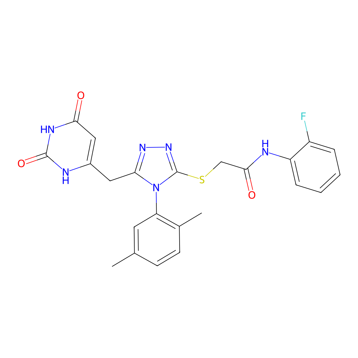 2-((4-(2,5-dimethylphenyl)-5-((2,6-dioxo-1,2,3,6-tetrahydropyrimidin-4-yl)methyl)-4H-1,2,4-triazol-3-yl)thio)-N-(2-fluorophenyl)acetamide molecular structure, CAS 852048-27-2