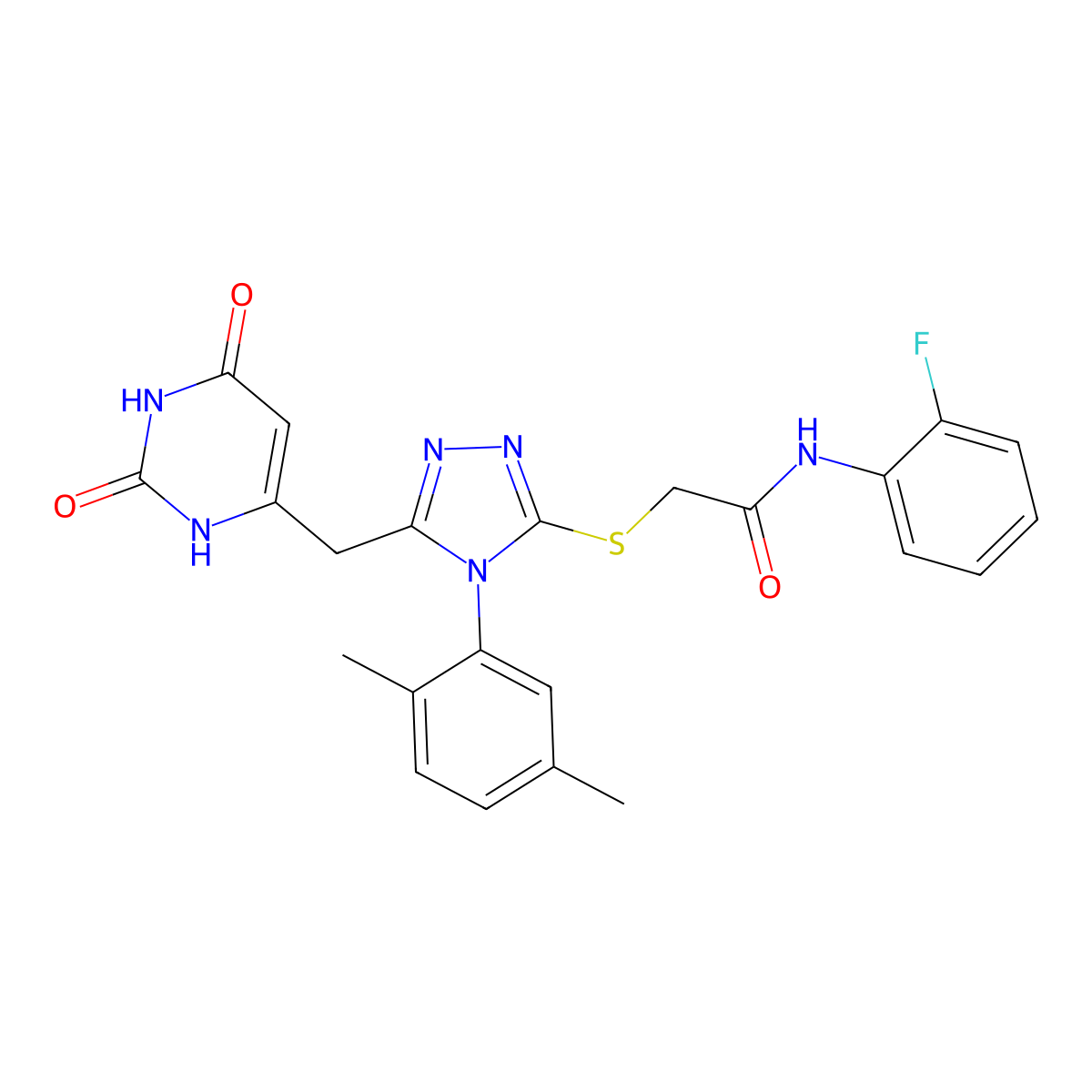 2-((4-(2,5-dimethylphenyl)-5-((2,6-dioxo-1,2,3,6-tetrahydropyrimidin-4-yl)methyl)-4H-1,2,4-triazol-3-yl)thio)-N-(2-fluorophenyl)acetamide molecular structure, CAS 852048-27-2