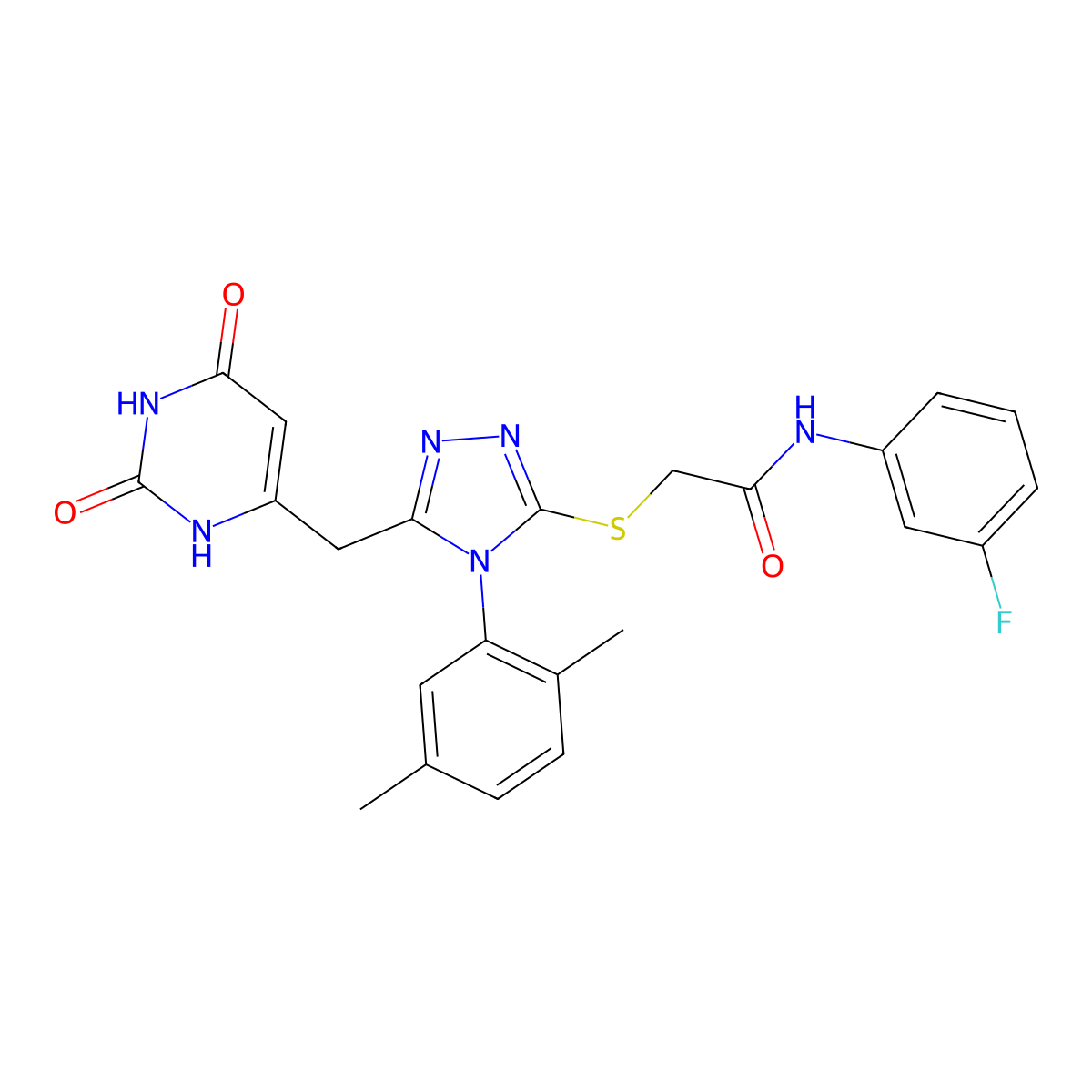 2-((4-(2,5-dimethylphenyl)-5-((2,6-dioxo-1,2,3,6-tetrahydropyrimidin-4-yl)methyl)-4H-1,2,4-triazol-3-yl)thio)-N-(3-fluorophenyl)acetamide molecular structure, CAS 852048-28-3