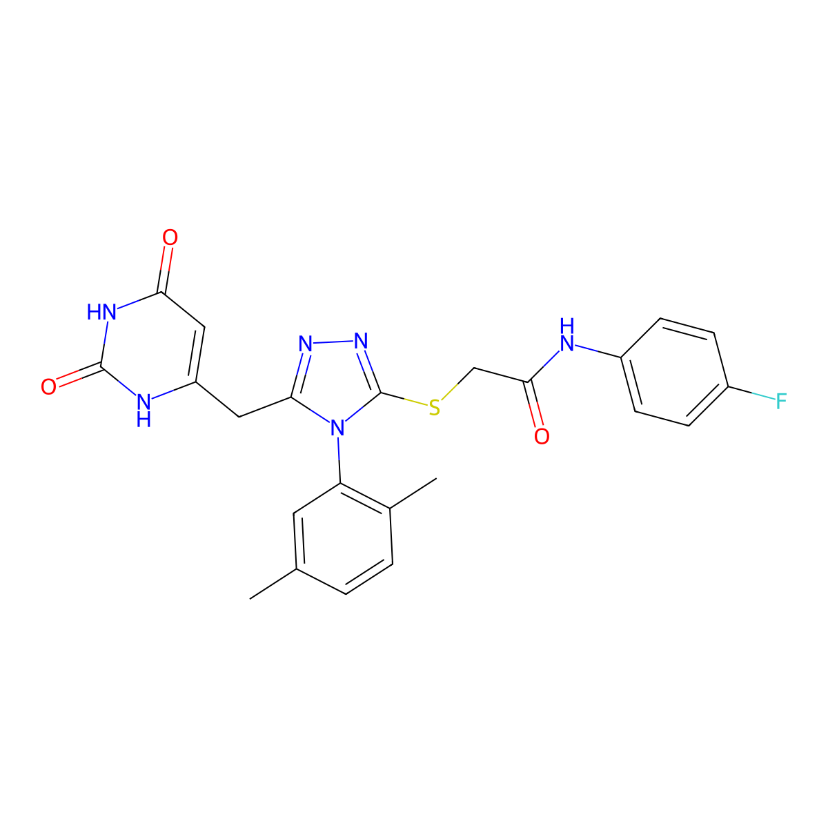 2-((4-(2,5-dimethylphenyl)-5-((2,6-dioxo-1,2,3,6-tetrahydropyrimidin-4-yl)methyl)-4H-1,2,4-triazol-3-yl)thio)-N-(4-fluorophenyl)acetamide molecular structure, CAS 852048-29-4