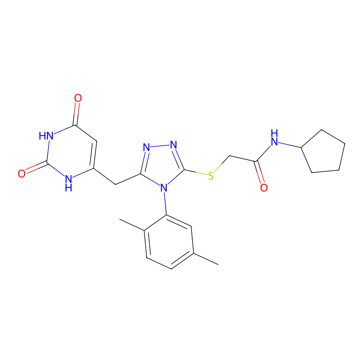 N-cyclopentyl-2-((4-(2,5-dimethylphenyl)-5-((2,6-dioxo-1,2,3,6-tetrahydropyrimidin-4-yl)methyl)-4H-1,2,4-triazol-3-yl)thio)acetamide molecular structure, CAS 852048-36-3