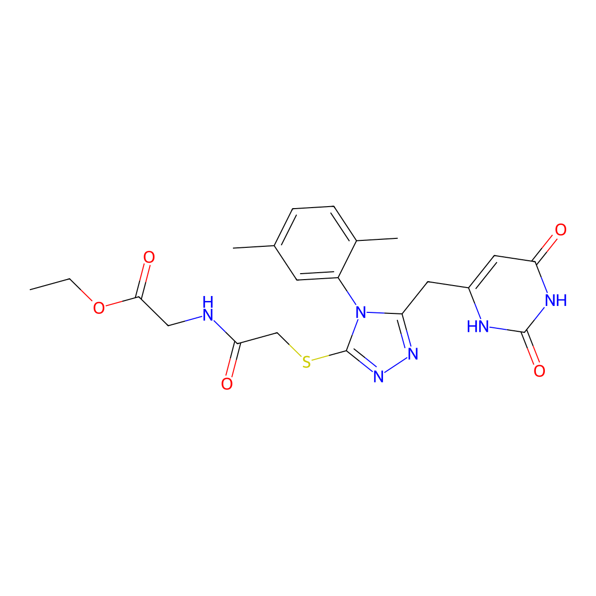ethyl 2-(2-((4-(2,5-dimethylphenyl)-5-((2,6-dioxo-1,2,3,6-tetrahydropyrimidin-4-yl)methyl)-4H-1,2,4-triazol-3-yl)thio)acetamido)acetate molecular structure, CAS 852048-38-5