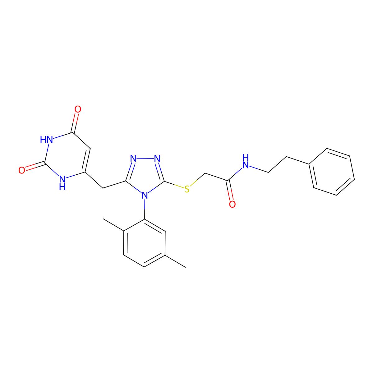 2-((4-(2,5-dimethylphenyl)-5-((2,6-dioxo-1,2,3,6-tetrahydropyrimidin-4-yl)methyl)-4H-1,2,4-triazol-3-yl)thio)-N-phenethylacetamide molecular structure, CAS 852048-43-2