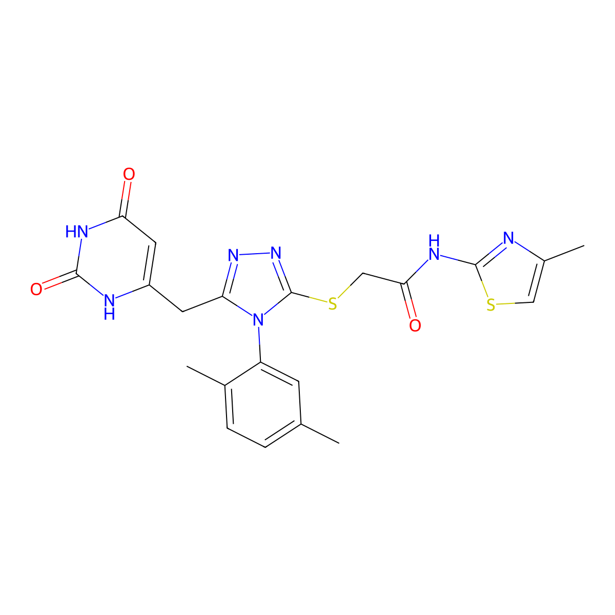 2-[[4-(2,5-dimethylphenyl)-5-[(2,4-dioxo-1H-pyrimidin-6-yl)methyl]-1,2,4-triazol-3-yl]sulfanyl]-N-(4-methyl-1,3-thiazol-2-yl)acetamide molecular structure, CAS 852048-45-4