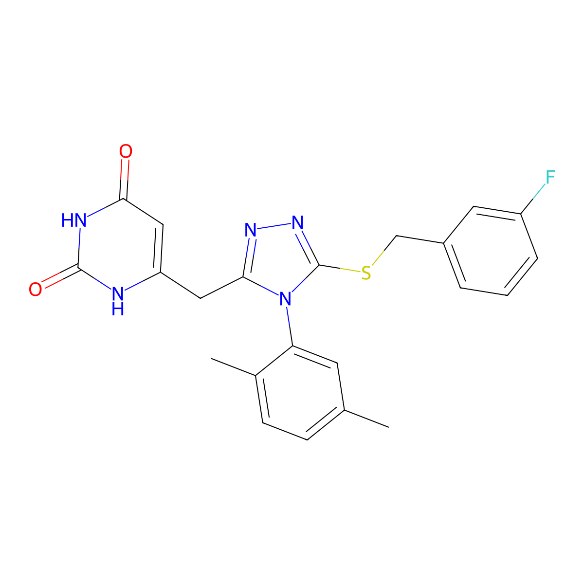 6-((4-(2,5-dimethylphenyl)-5-((3-fluorobenzyl)thio)-4H-1,2,4-triazol-3-yl)methyl)pyrimidine-2,4(1H,3H)-dione molecular structure, CAS 852048-50-1