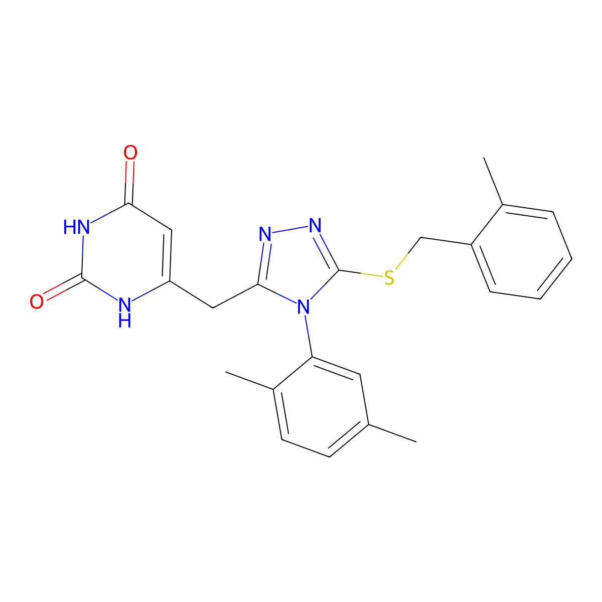 6-((4-(2,5-dimethylphenyl)-5-((2-methylbenzyl)thio)-4H-1,2,4-triazol-3-yl)methyl)pyrimidine-2,4(1H,3H)-dione molecular structure, CAS 852048-54-5