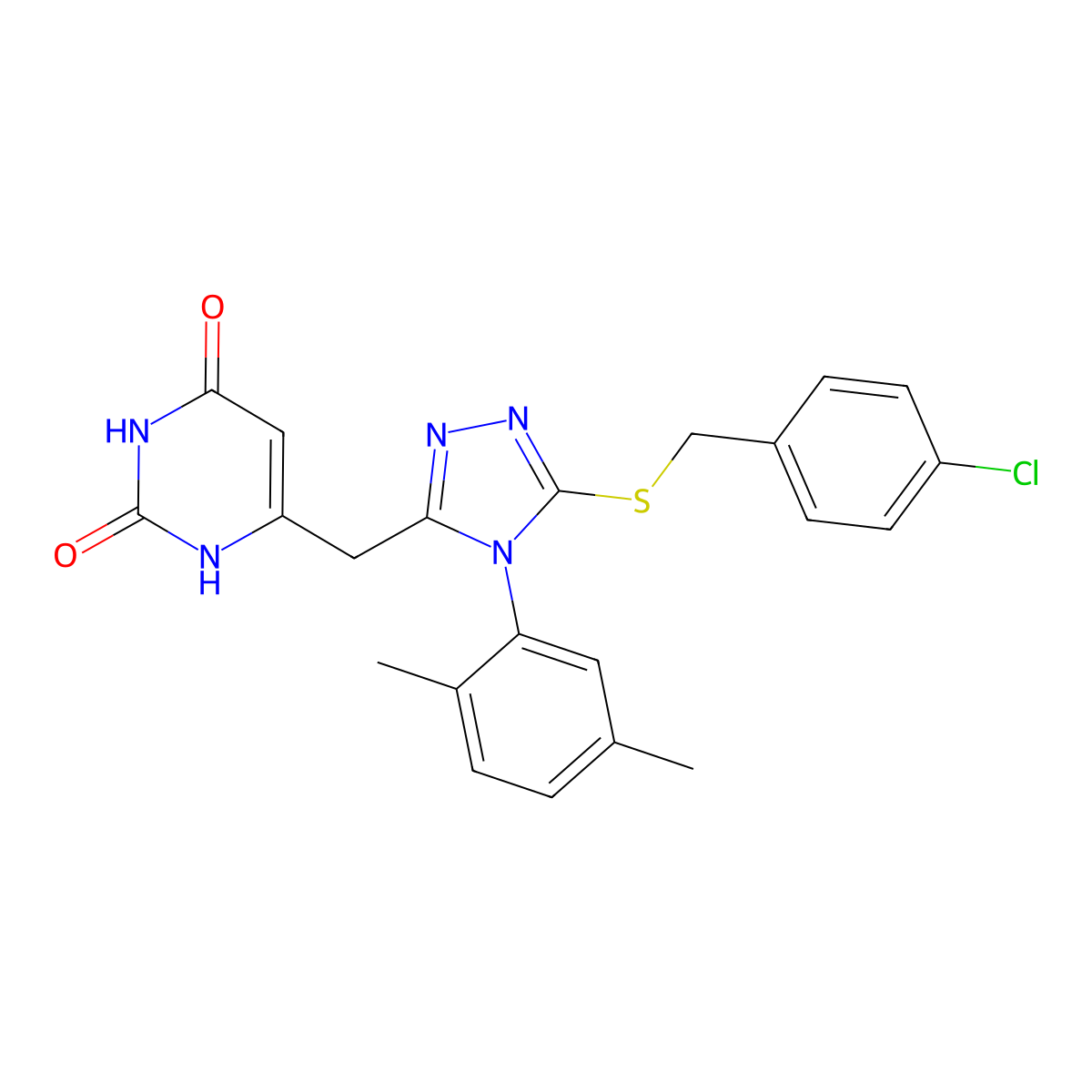 6-[[5-[(4-chlorophenyl)methylsulfanyl]-4-(2,5-dimethylphenyl)-1,2,4-triazol-3-yl]methyl]-1H-pyrimidine-2,4-dione molecular structure, CAS 852048-55-6