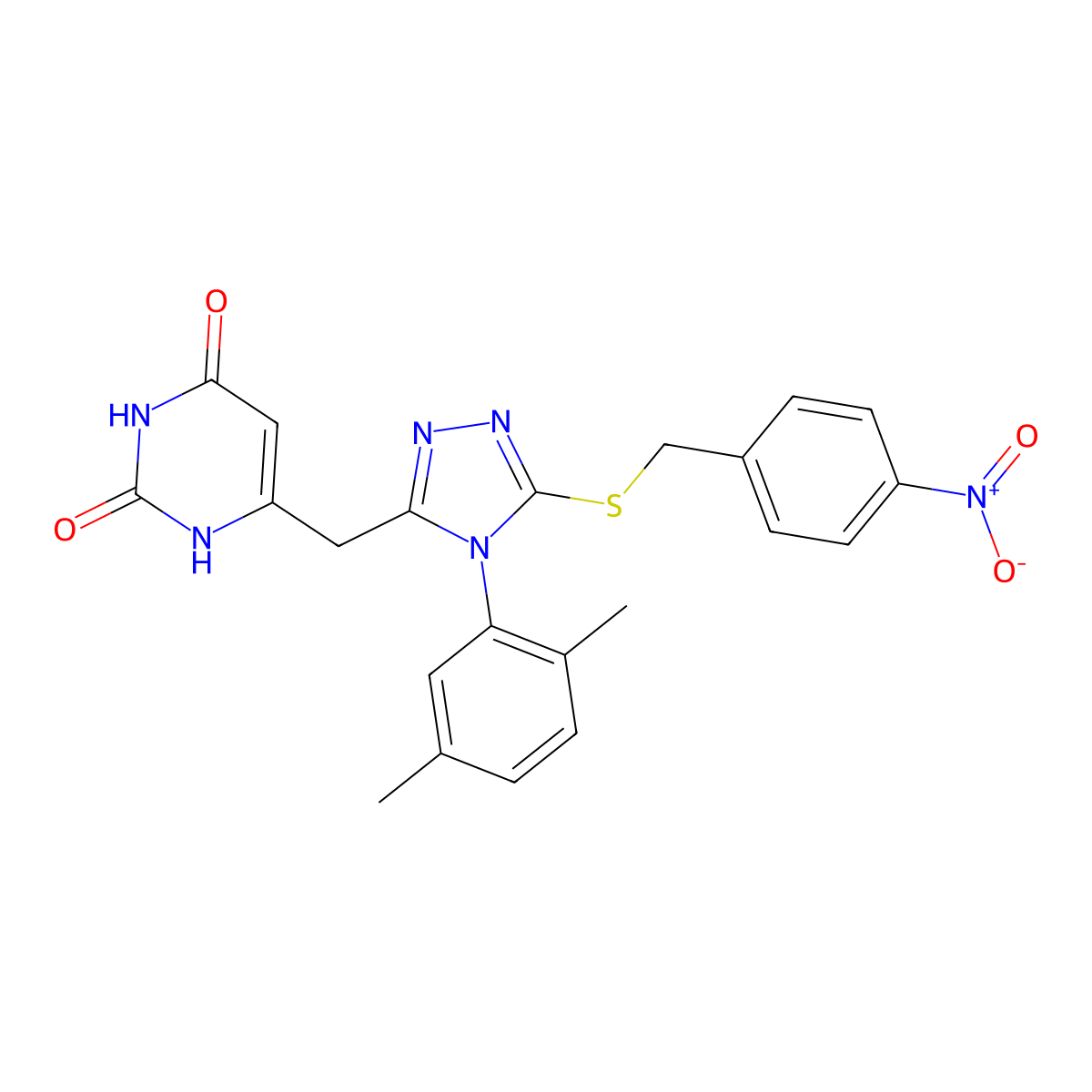 6-((4-(2,5-dimethylphenyl)-5-((4-nitrobenzyl)thio)-4H-1,2,4-triazol-3-yl)methyl)pyrimidine-2,4(1H,3H)-dione molecular structure, CAS 852048-56-7