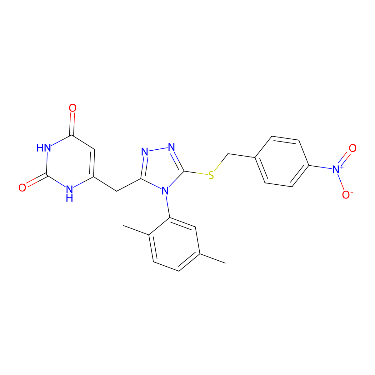 6-((4-(2,5-dimethylphenyl)-5-((4-nitrobenzyl)thio)-4H-1,2,4-triazol-3-yl)methyl)pyrimidine-2,4(1H,3H)-dione molecular structure, CAS 852048-56-7