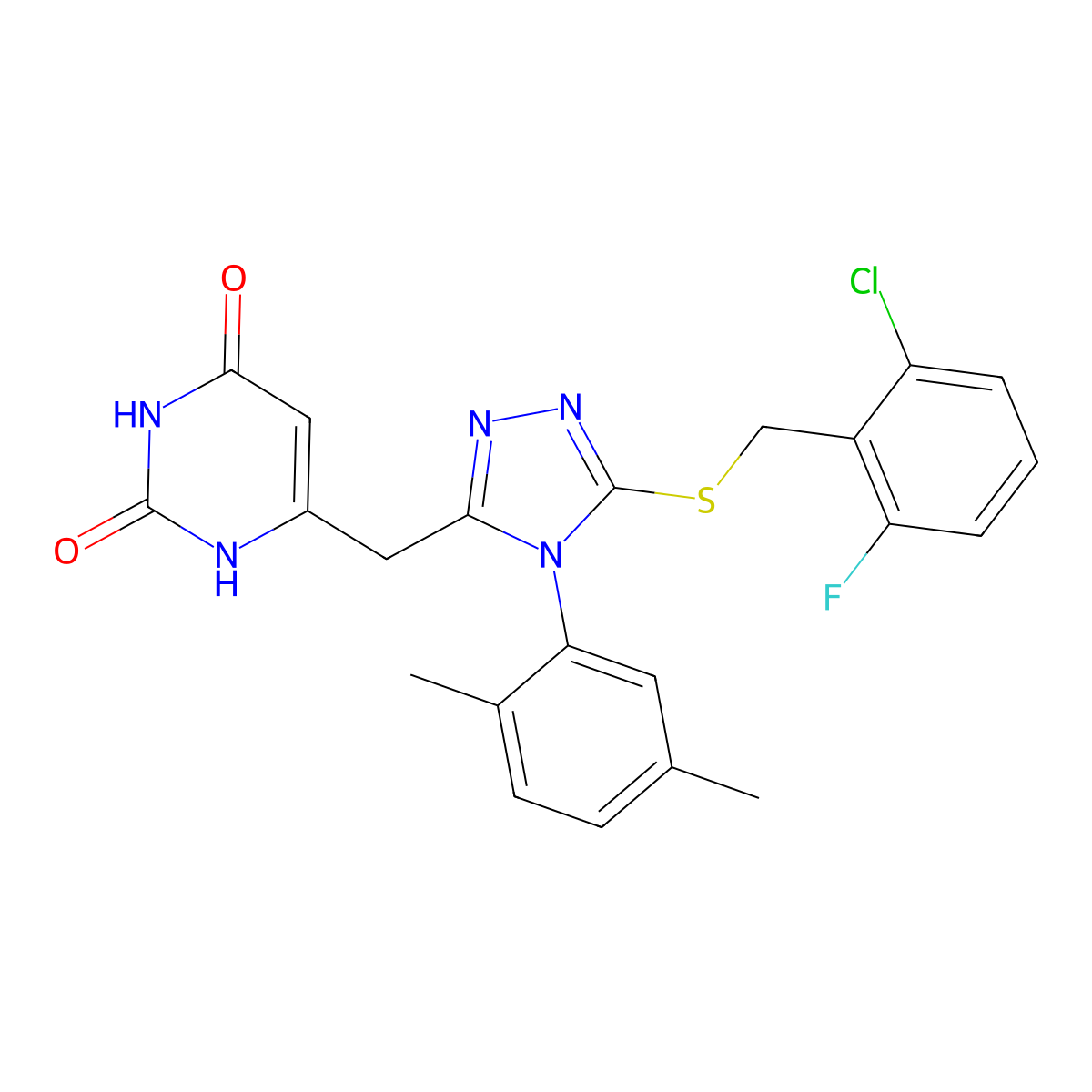 6-[[5-[(2-chloro-6-fluorophenyl)methylsulfanyl]-4-(2,5-dimethylphenyl)-1,2,4-triazol-3-yl]methyl]-1H-pyrimidine-2,4-dione molecular structure, CAS 852048-57-8