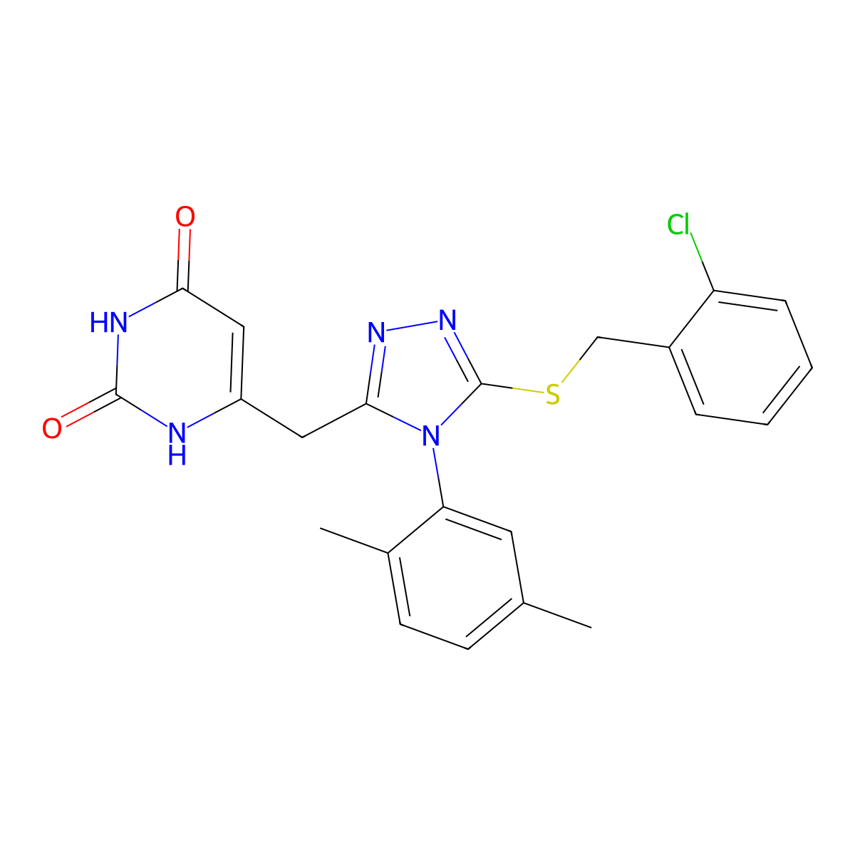 6-[[5-[(2-chlorophenyl)methylsulfanyl]-4-(2,5-dimethylphenyl)-1,2,4-triazol-3-yl]methyl]-1H-pyrimidine-2,4-dione molecular structure, CAS 852048-59-0