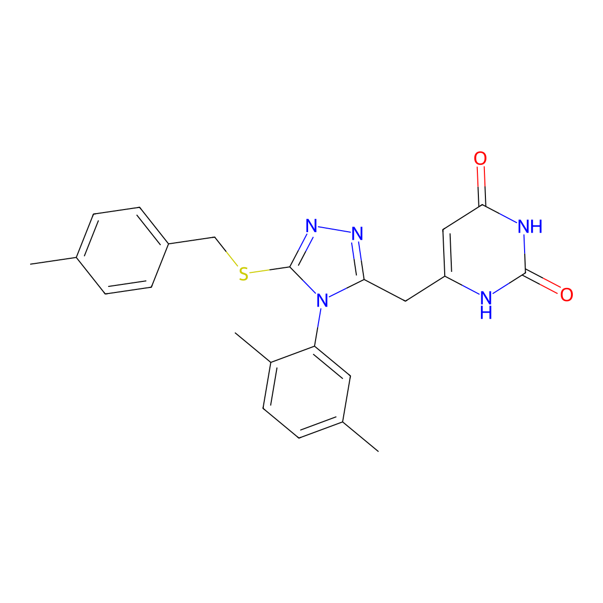 6-((4-(2,5-dimethylphenyl)-5-((4-methylbenzyl)thio)-4H-1,2,4-triazol-3-yl)methyl)pyrimidine-2,4(1H,3H)-dione molecular structure, CAS 852048-61-4