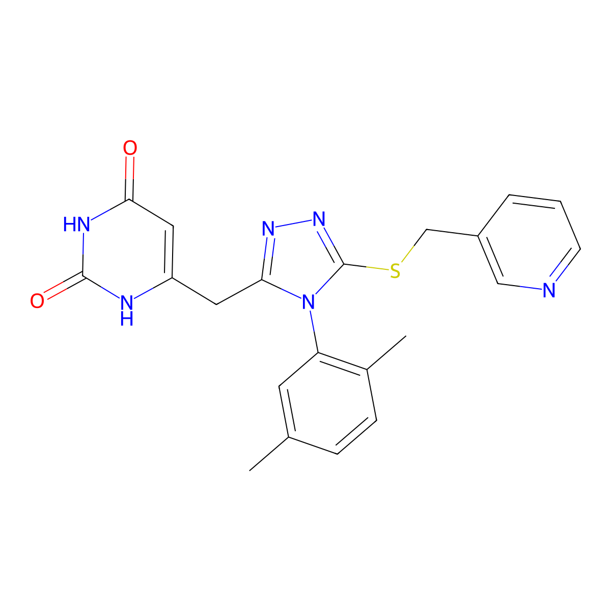 6-((4-(2,5-dimethylphenyl)-5-((pyridin-3-ylmethyl)thio)-4H-1,2,4-triazol-3-yl)methyl)pyrimidine-2,4(1H,3H)-dione molecular structure, CAS 852048-63-6