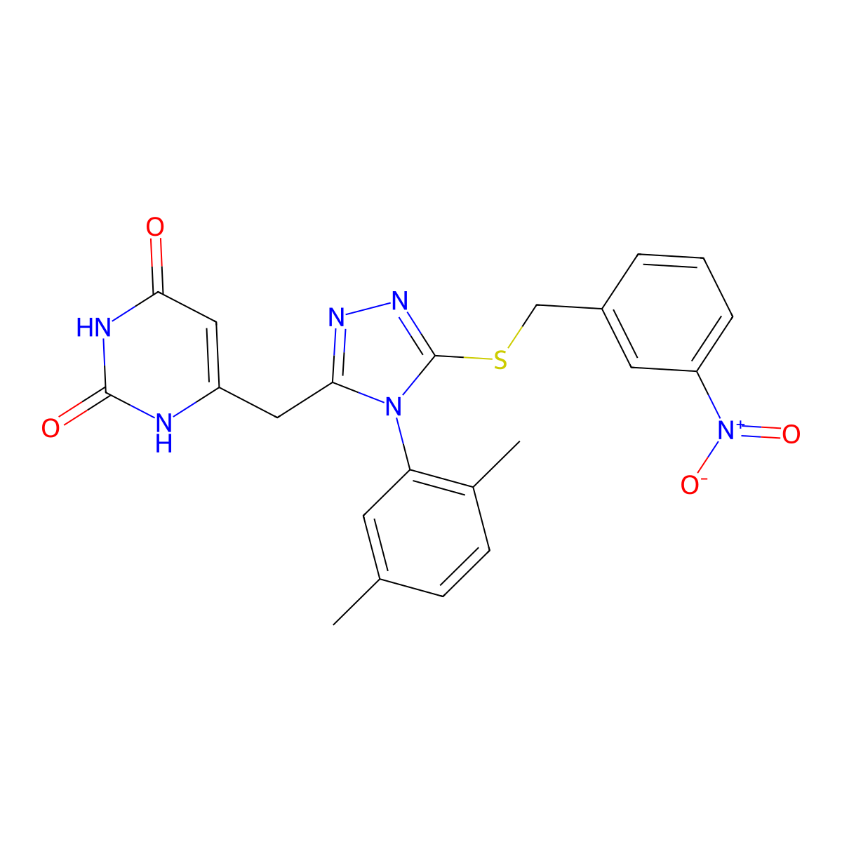6-((4-(2,5-dimethylphenyl)-5-((3-nitrobenzyl)thio)-4H-1,2,4-triazol-3-yl)methyl)pyrimidine-2,4(1H,3H)-dione molecular structure, CAS 852048-65-8