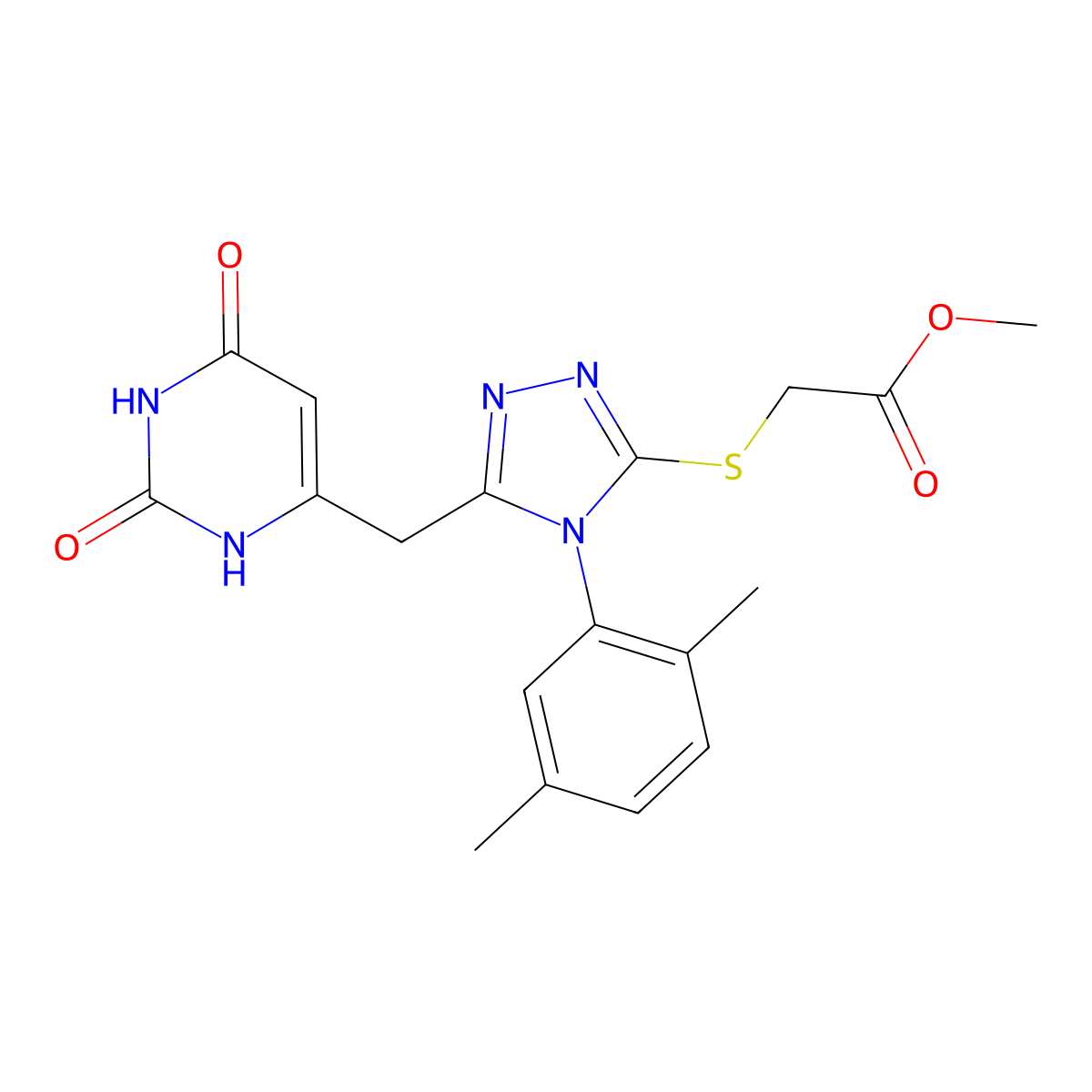 methyl 2-((4-(2,5-dimethylphenyl)-5-((2,6-dioxo-1,2,3,6-tetrahydropyrimidin-4-yl)methyl)-4H-1,2,4-triazol-3-yl)thio)acetate molecular structure, CAS 852048-66-9