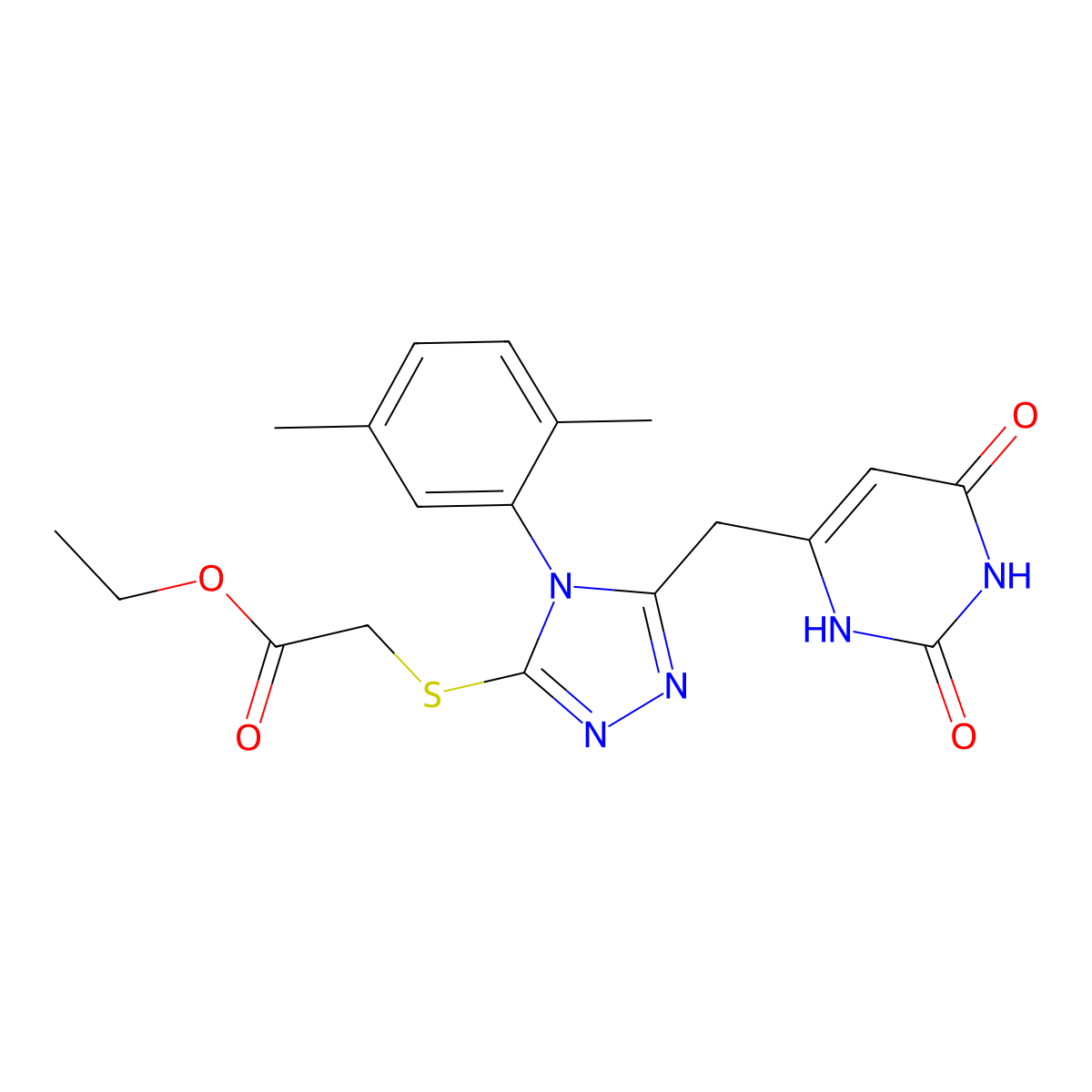 ethyl 2-[[4-(2,5-dimethylphenyl)-5-[(2,4-dioxo-1H-pyrimidin-6-yl)methyl]-1,2,4-triazol-3-yl]sulfanyl]acetate molecular structure, CAS 852048-67-0